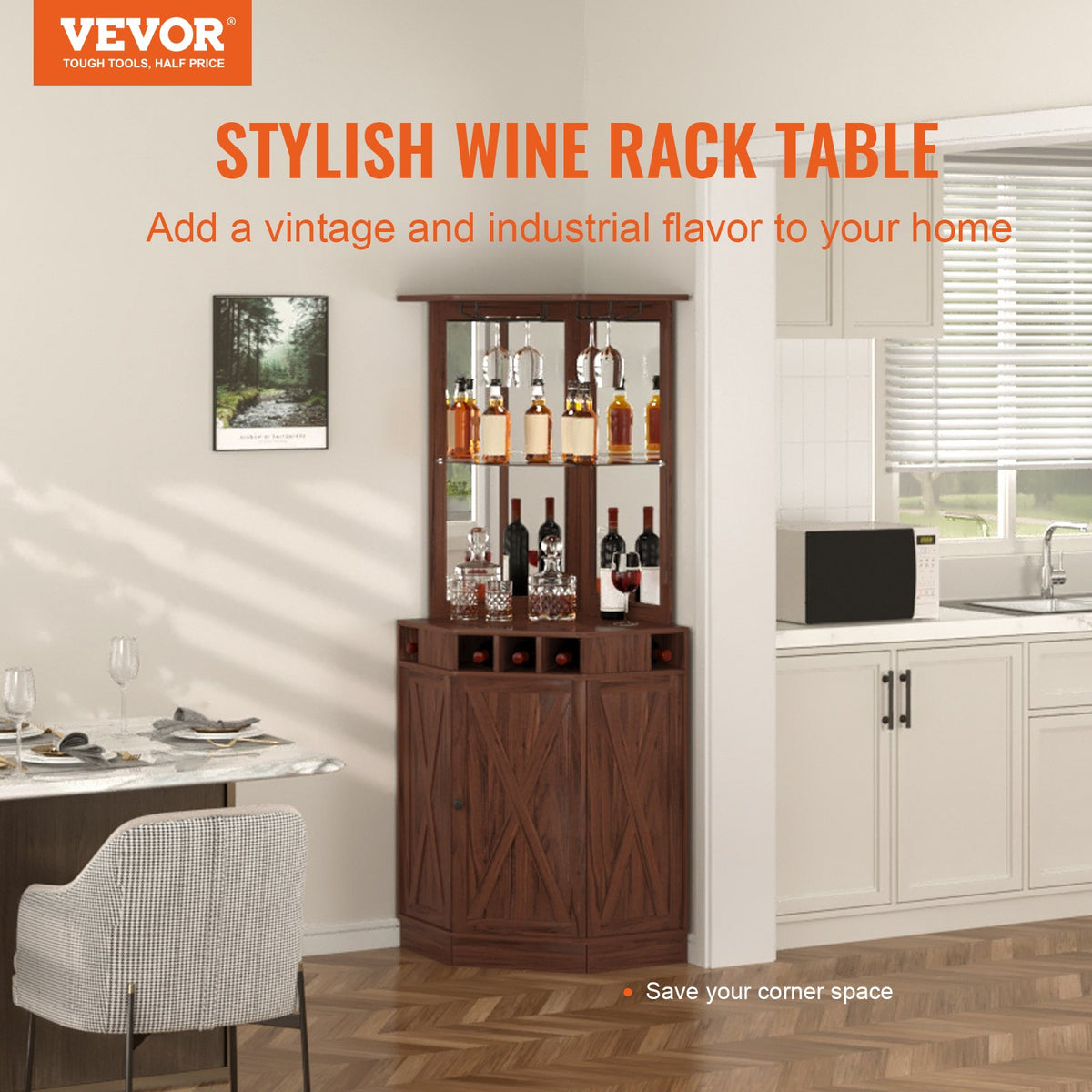 VEVOR Corner Industrial Bar Cabinet, Wine Table for Liquor & Glasses, Sideboard Buffet Cabinet with Glass Holder, Freestanding Farmhouse Wood Coffee Bar Cabinet for Living Room, Home Bar, Black Walnut