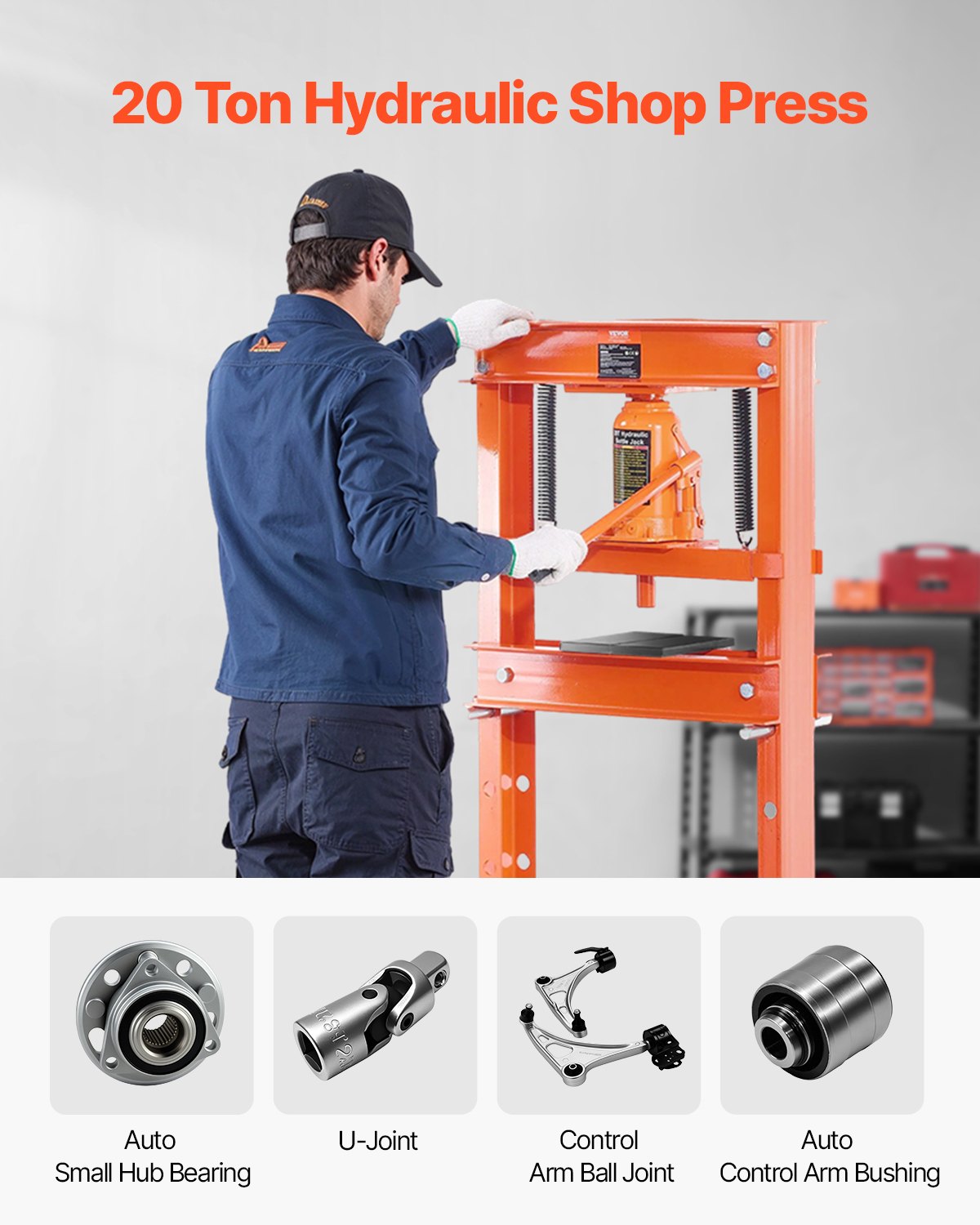VEVOR Hydraulic Shop Press, 20 T H-Frame Shop Press with Press Plate & Triangular Support, Stable Garage Floor Adjustable Hydraulic Press with Relief Valve, Fit for Bending, Straightening & Stamping