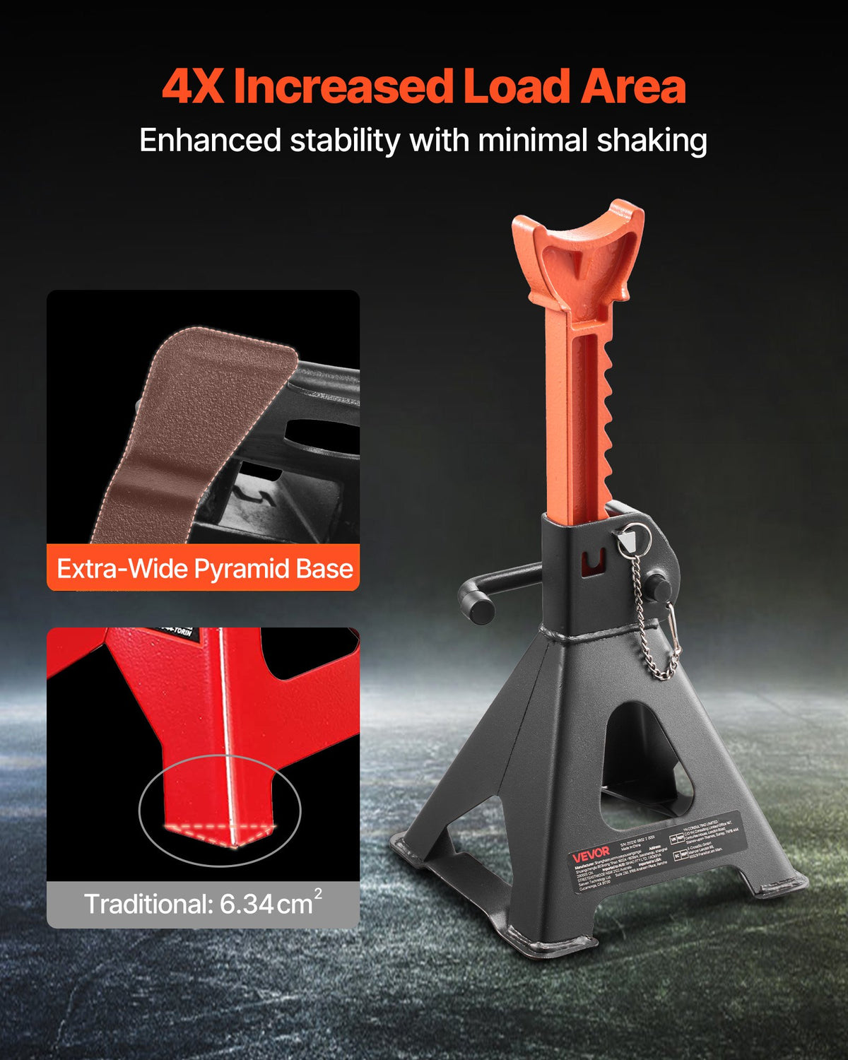 VEVOR Jack Stands, 3 Ton (6,600 lbs) Capacity, 275-415 mm Adjustable Height, Heavy Duty Steel Jack Auto Stands with Double Locking, for Lifting SUV, Pickup, Car, UTV/ATV, 1 Pair, Black and Orange
