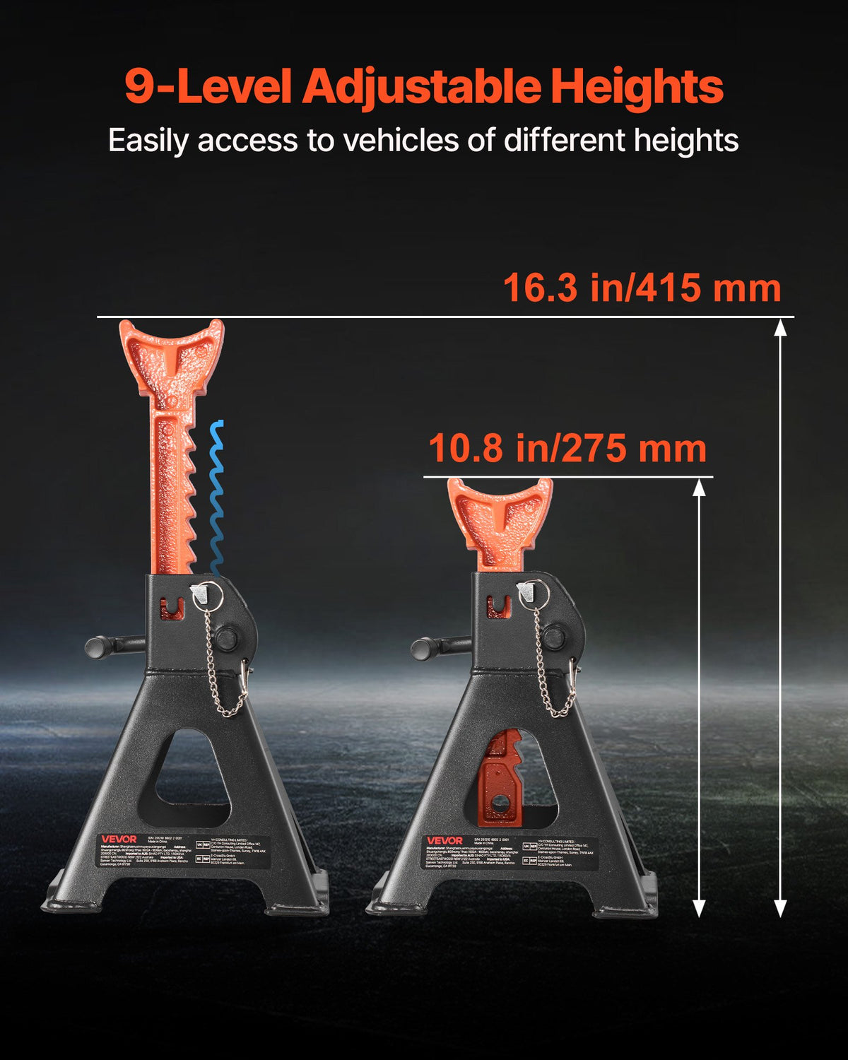 VEVOR Jack Stands, 3 Ton (6,600 lbs) Capacity, 275-415 mm Adjustable Height, Heavy Duty Steel Jack Auto Stands with Double Locking, for Lifting SUV, Pickup, Car, UTV/ATV, 1 Pair, Black and Orange