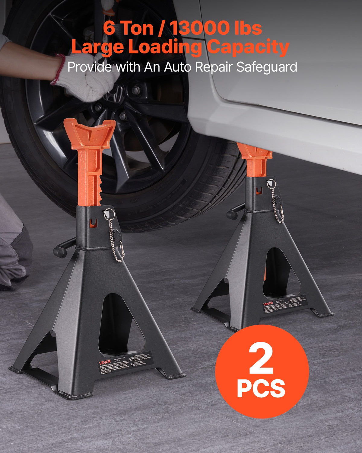 VEVOR Jack Stands, 6 Ton (13,000 lbs) Capacity, 370-580 mm Adjustable Height, Heavy Duty Steel Jack Auto Stands with Double Locking, for Lifting RV, Small Truck, Car, SUV, 1 Pair, Black and Orange