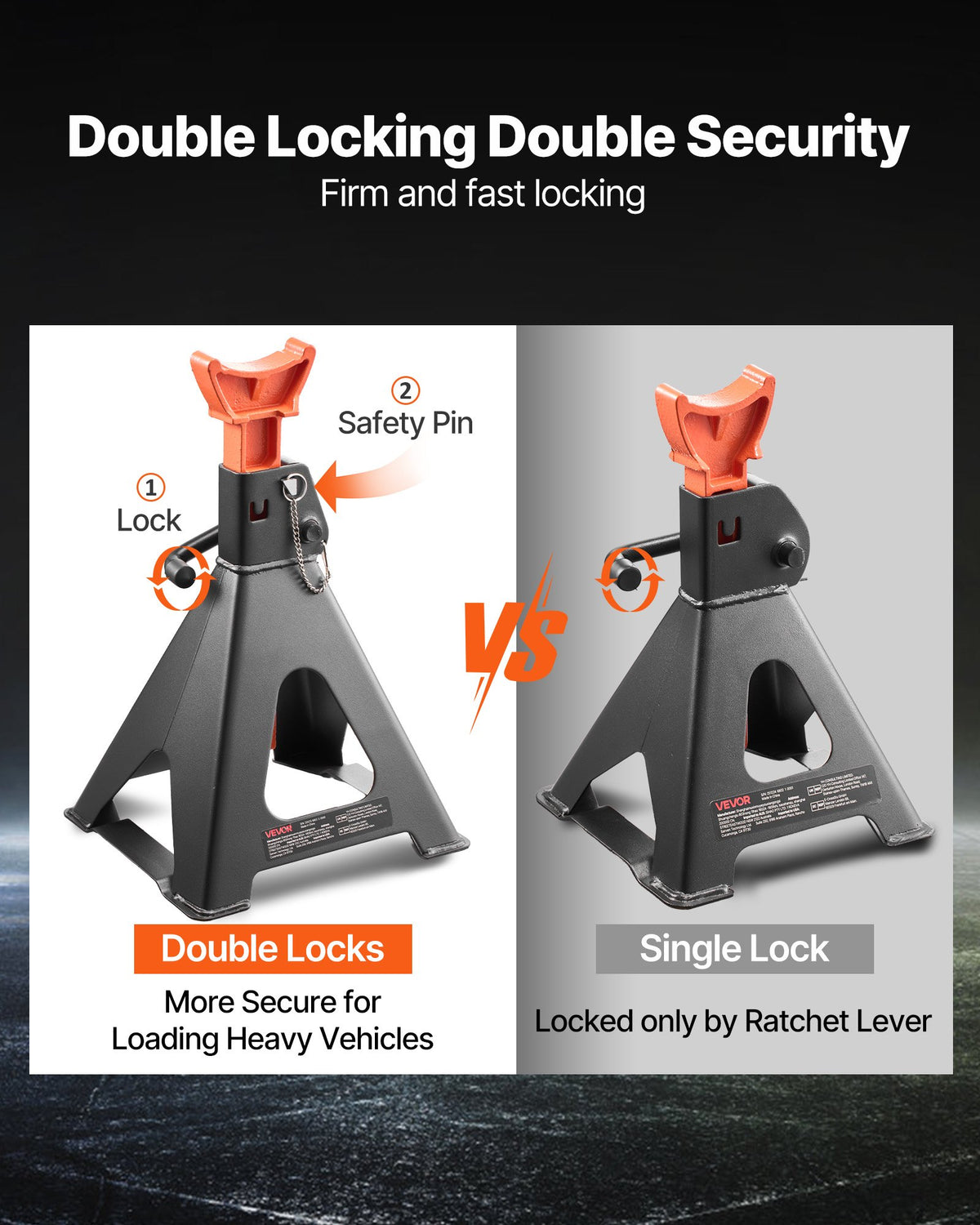 VEVOR Jack Stands, 6 Ton (13,000 lbs) Capacity, 370-580 mm Adjustable Height, Heavy Duty Steel Jack Auto Stands with Double Locking, for Lifting RV, Small Truck, Car, SUV, 1 Pair, Black and Orange