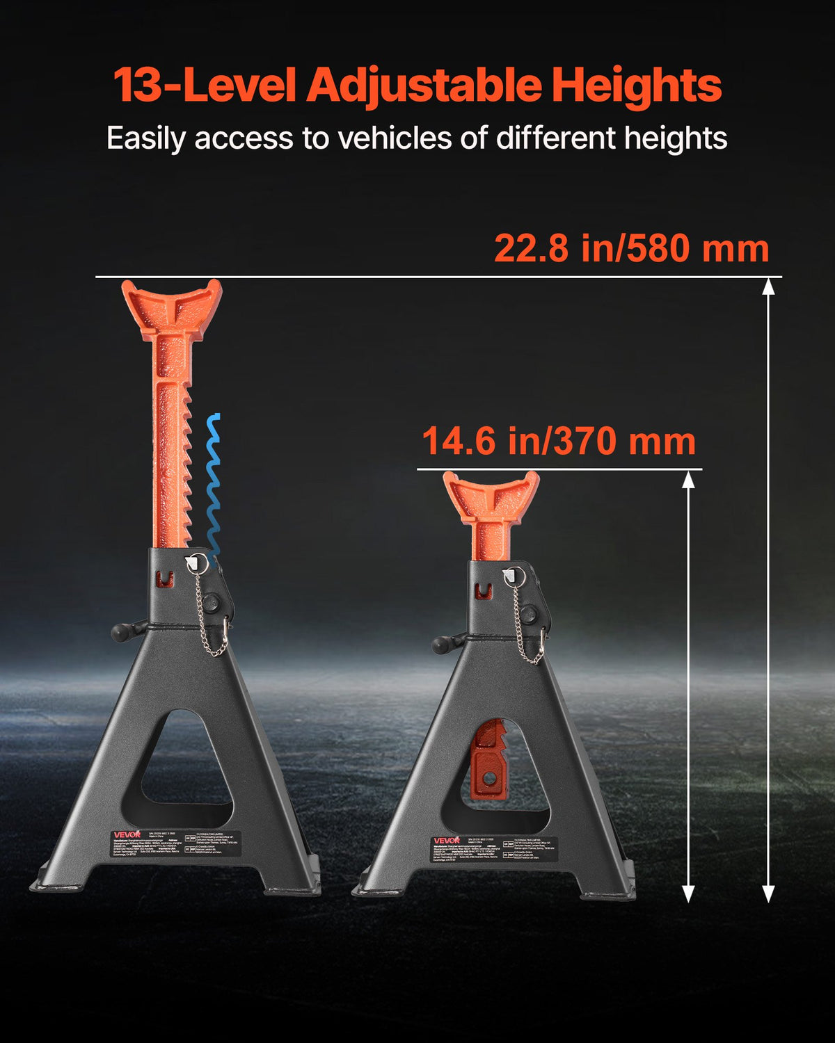 VEVOR Jack Stands, 6 Ton (13,000 lbs) Capacity, 370-580 mm Adjustable Height, Heavy Duty Steel Jack Auto Stands with Double Locking, for Lifting RV, Small Truck, Car, SUV, 1 Pair, Black and Orange