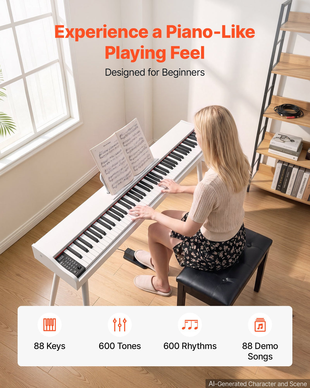 VEVOR Digital Piano 88 Keys Semi Weighted Full Size Keyboard Stand White, for Beginners, 600 Tones, 600 Rhythms, Electric Piano, with Sustain Pedal, Speaker, Headphone Jack, USB/MIDI, Power Adapter