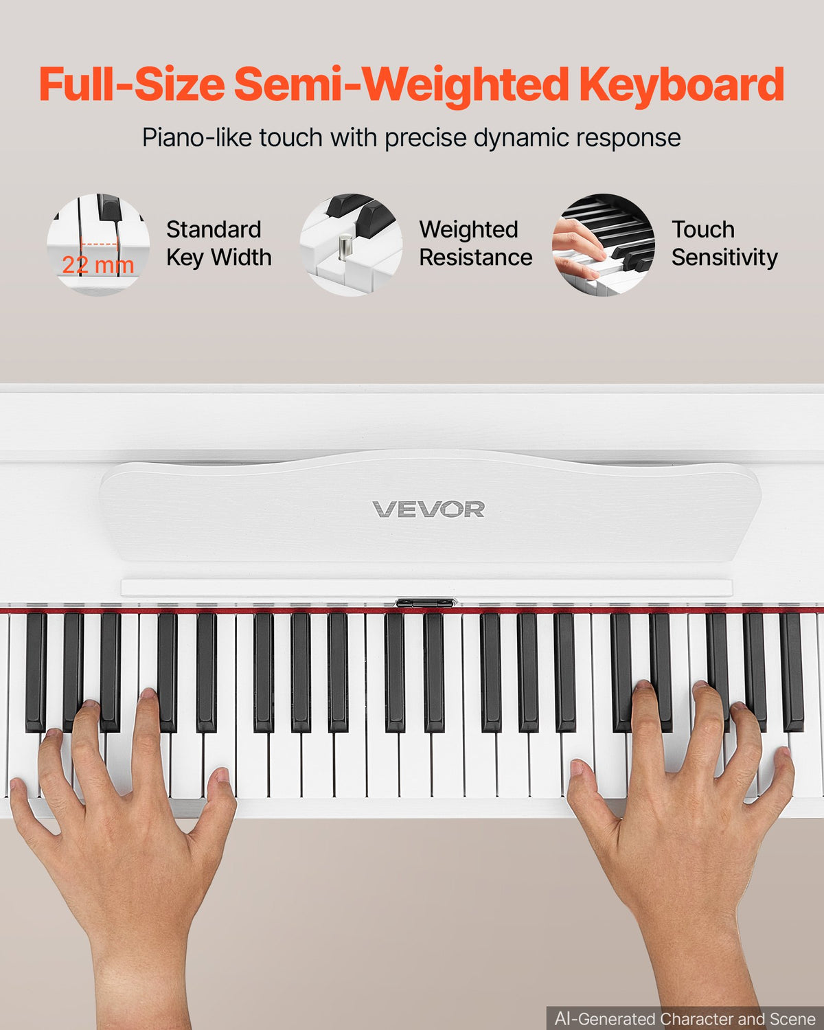 VEVOR Digital Piano 88 Keys Semi Weighted Full Size Keyboard Stand White, for Beginners, 600 Tones, 600 Rhythms, Electric Piano, with Sustain Pedal, Speaker, Headphone Jack, USB/MIDI, Power Adapter