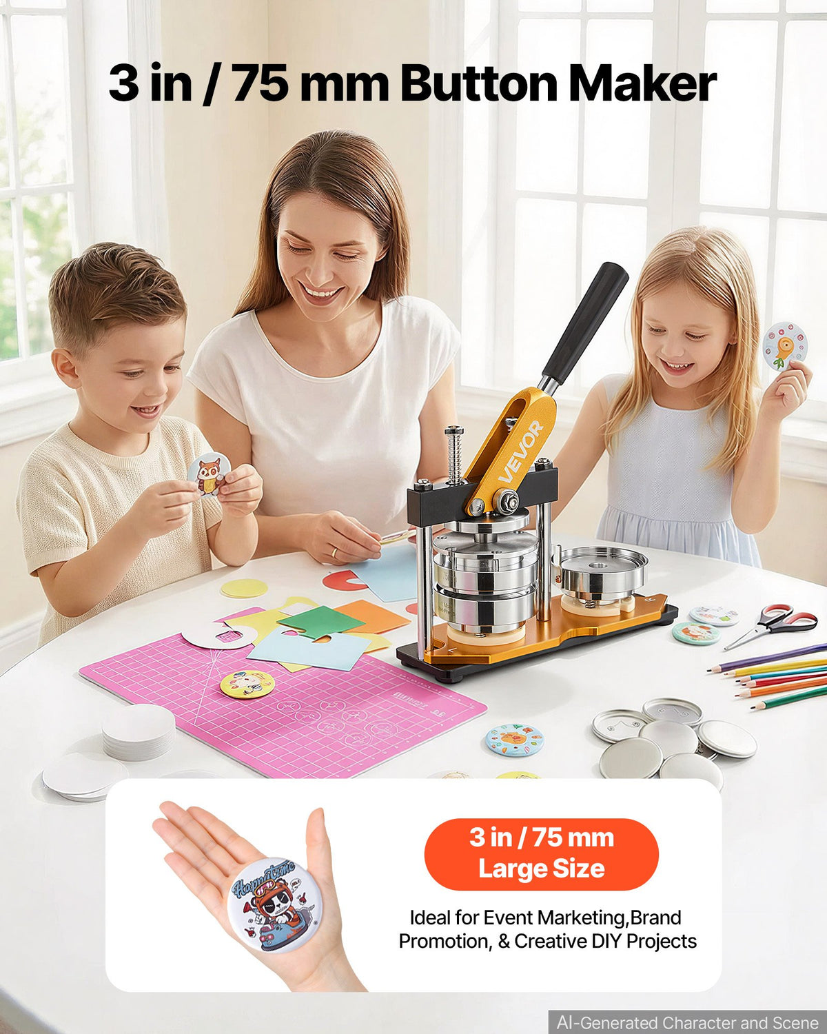 VEVOR Button Maker Machine, 75 mm (3 inch) Badge Punch Press Kit, Children DIY Gifts Pin Maker, Button Making Supplies with 100pcs Button Parts & Circle Cutter & Magic Book