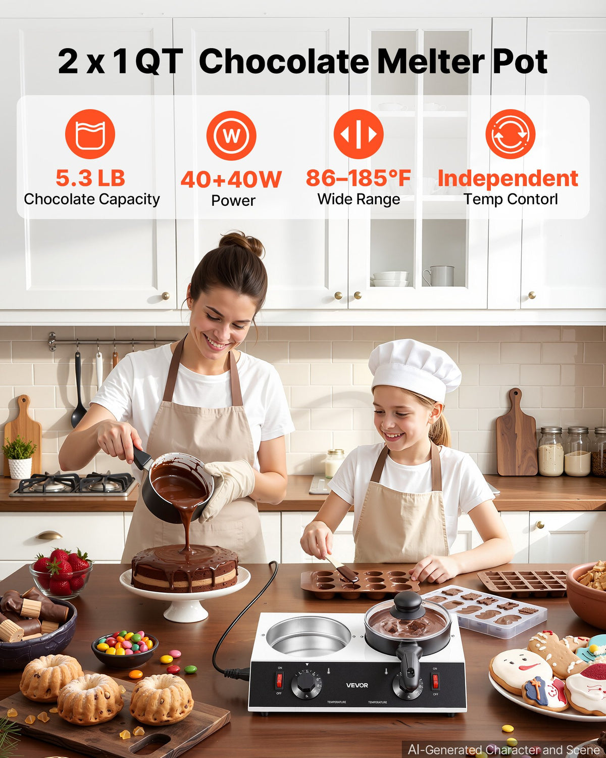 VEVOR Chocolate Melting Pot - 2 x 1 L Pots, 30℃ to 85℃ Choc Warm Machine, 80W Even Cheese Melter, 2 Knobs Temp Control, 2 Ceramic Coated Pots, Electric Warmer for Mulled Milk Candy, Commercial & Home