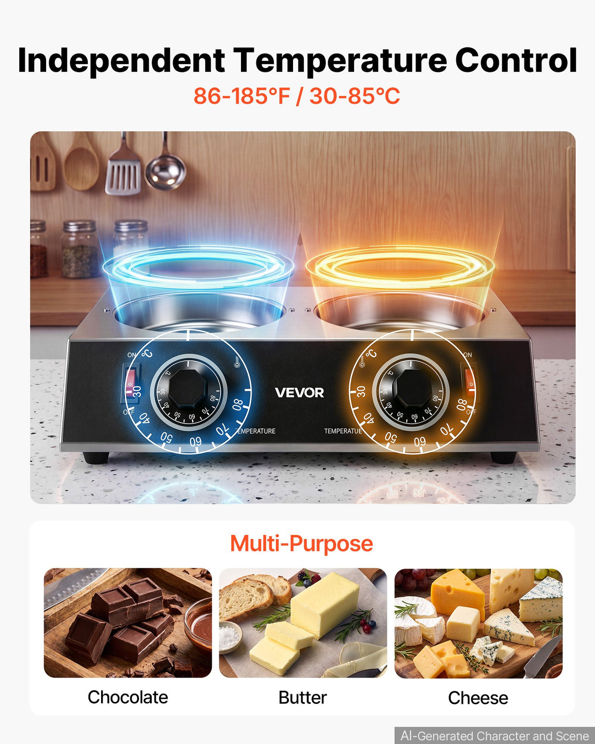 VEVOR Chocolate Melting Pot - 2 x 1 L Pots, 30℃ to 85℃ Choc Warm Machine, 80W Even Cheese Melter, 2 Knobs Temp Control, 2 Ceramic Coated Pots, Electric Warmer for Mulled Milk Candy, Commercial & Home
