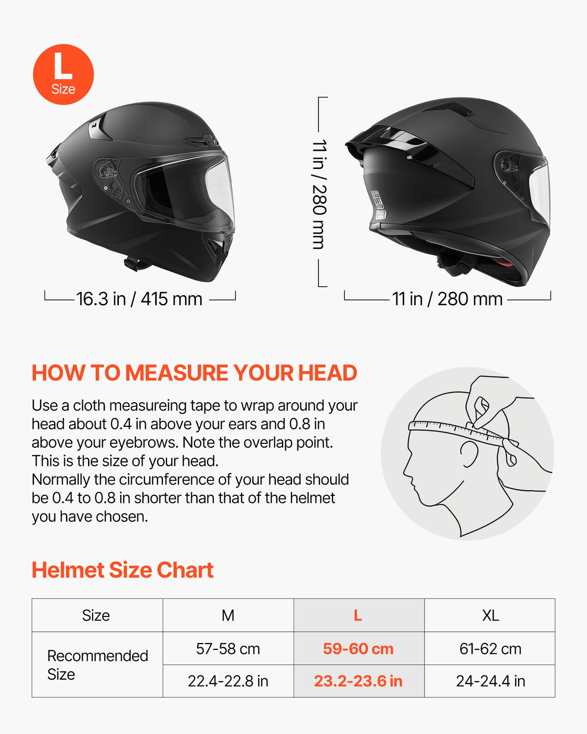 VEVOR Full Face Motorcycle Helmets, Adult Motocross Dirt Bike Helmet with Clear Visor, Lightweight Comfortable Motorcycle Street Bike Helmet for Men and Women - DOT & ECE Approved (L Size)