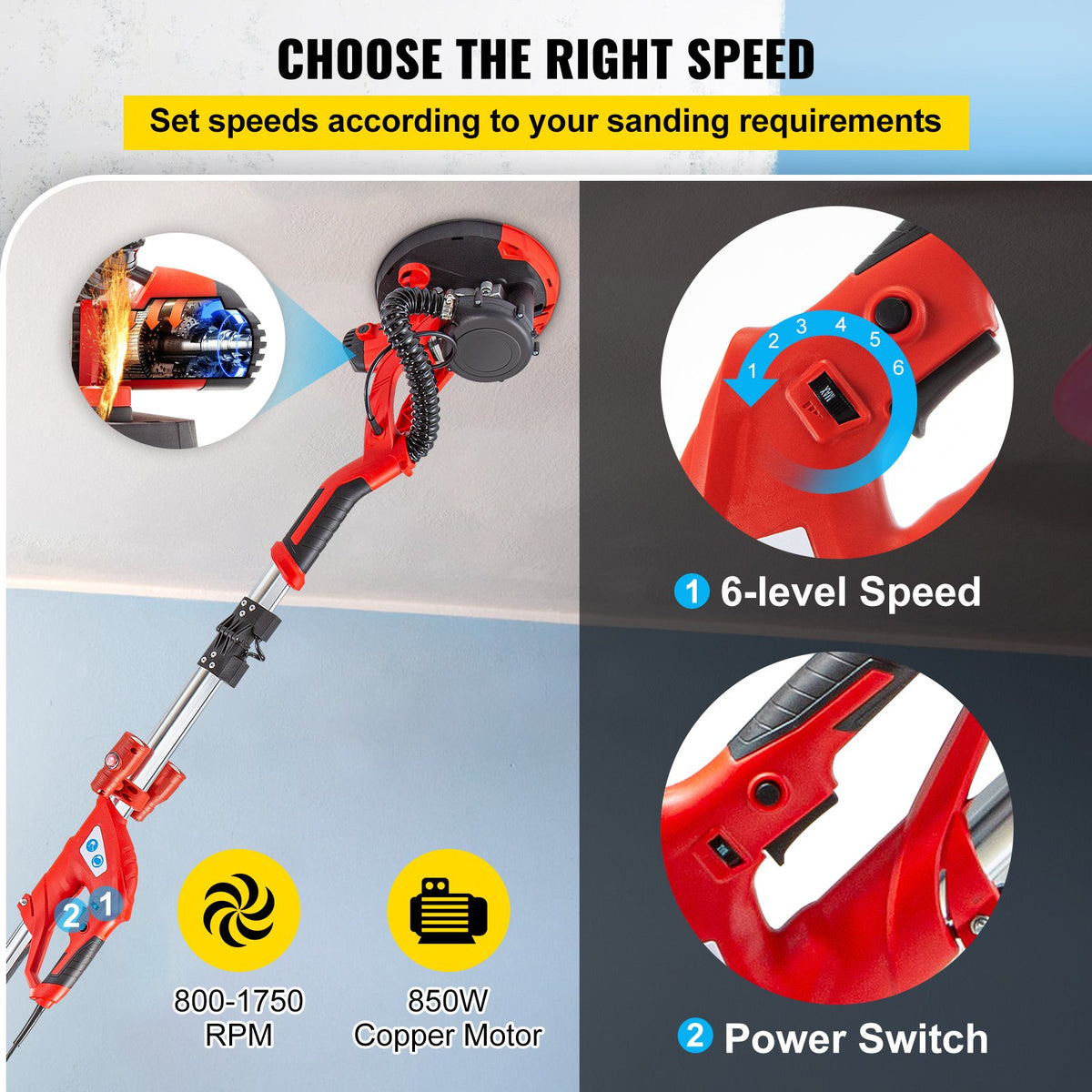 VEVOR Electric Drywall Sander 750W Drywall Sander Foldable Sheetrock Sander with Telescope Handle Electric Sander Variable Speed 800-1750RPM Wall Sander with LED spotlights on the handle and Vacuum Bag, 6 Sand Pads