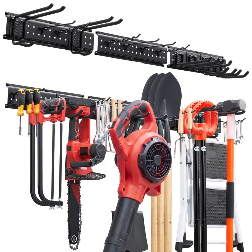 VEVOR Garage Tool Organizer 1257.3 mm 272 kg Wall Mount Garden Tool Rack, Heavy Duty Garage Hanging Storage Rack Organization with 3 Rails and 12 Adjustable Hooks, for Yard Tools, Shovel, Rake, Shed