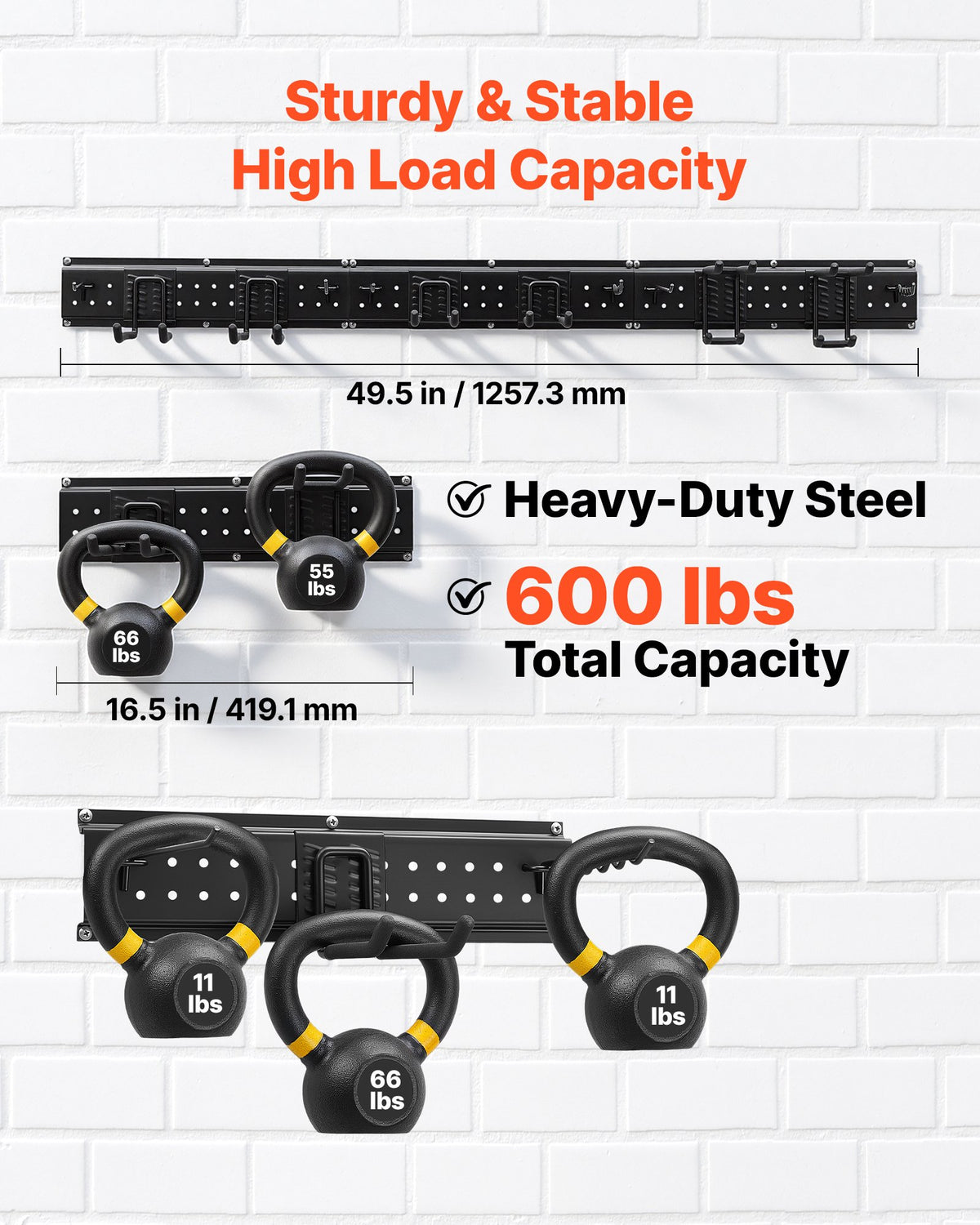 VEVOR Garage Tool Organizer 1257.3 mm 272 kg Wall Mount Garden Tool Rack, Heavy Duty Garage Hanging Storage Rack Organization with 3 Rails and 12 Adjustable Hooks, for Yard Tools, Shovel, Rake, Shed