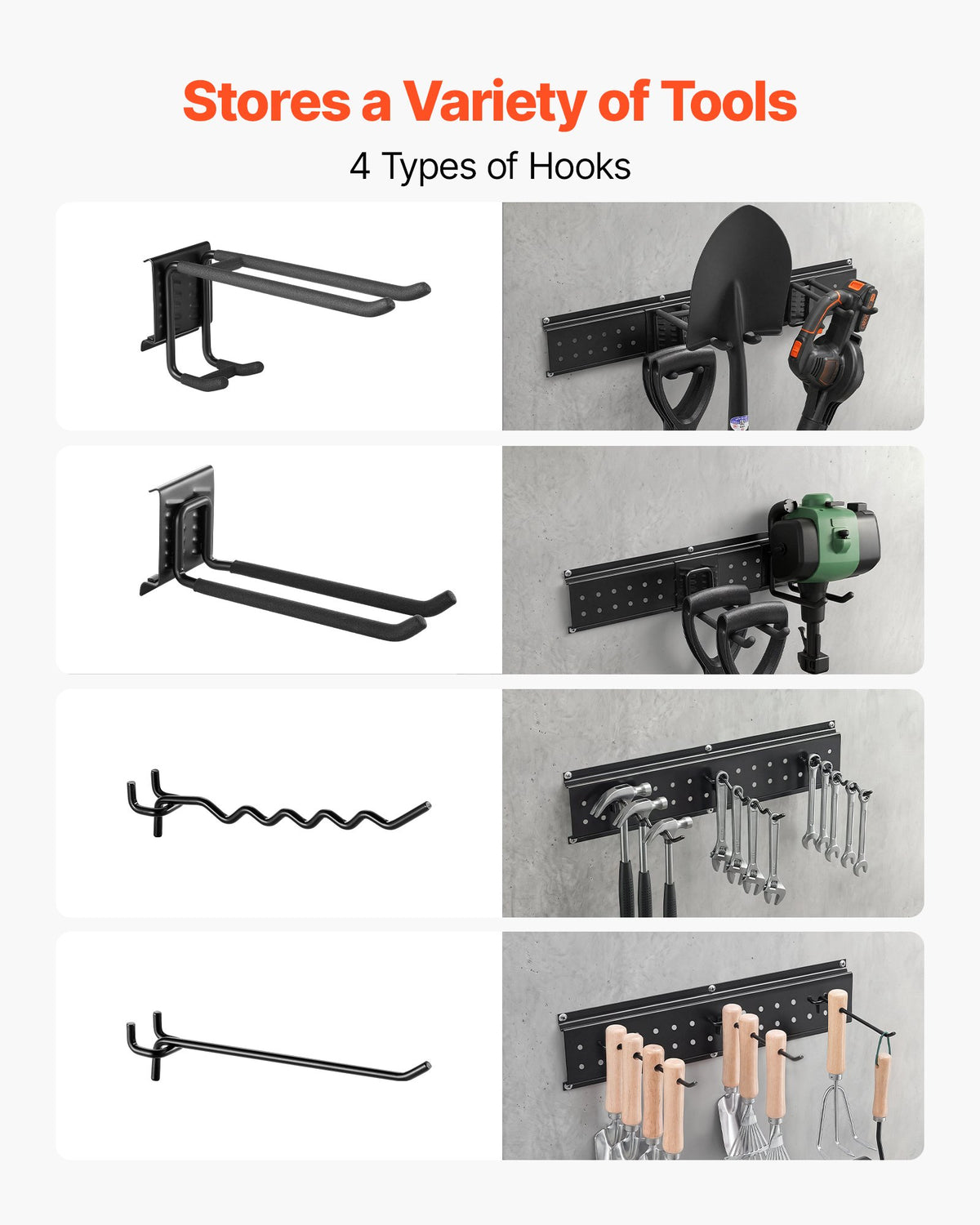 VEVOR Garage Tool Organizer 1257.3 mm 272 kg Wall Mount Garden Tool Rack, Heavy Duty Garage Hanging Storage Rack Organization with 3 Rails and 12 Adjustable Hooks, for Yard Tools, Shovel, Rake, Shed