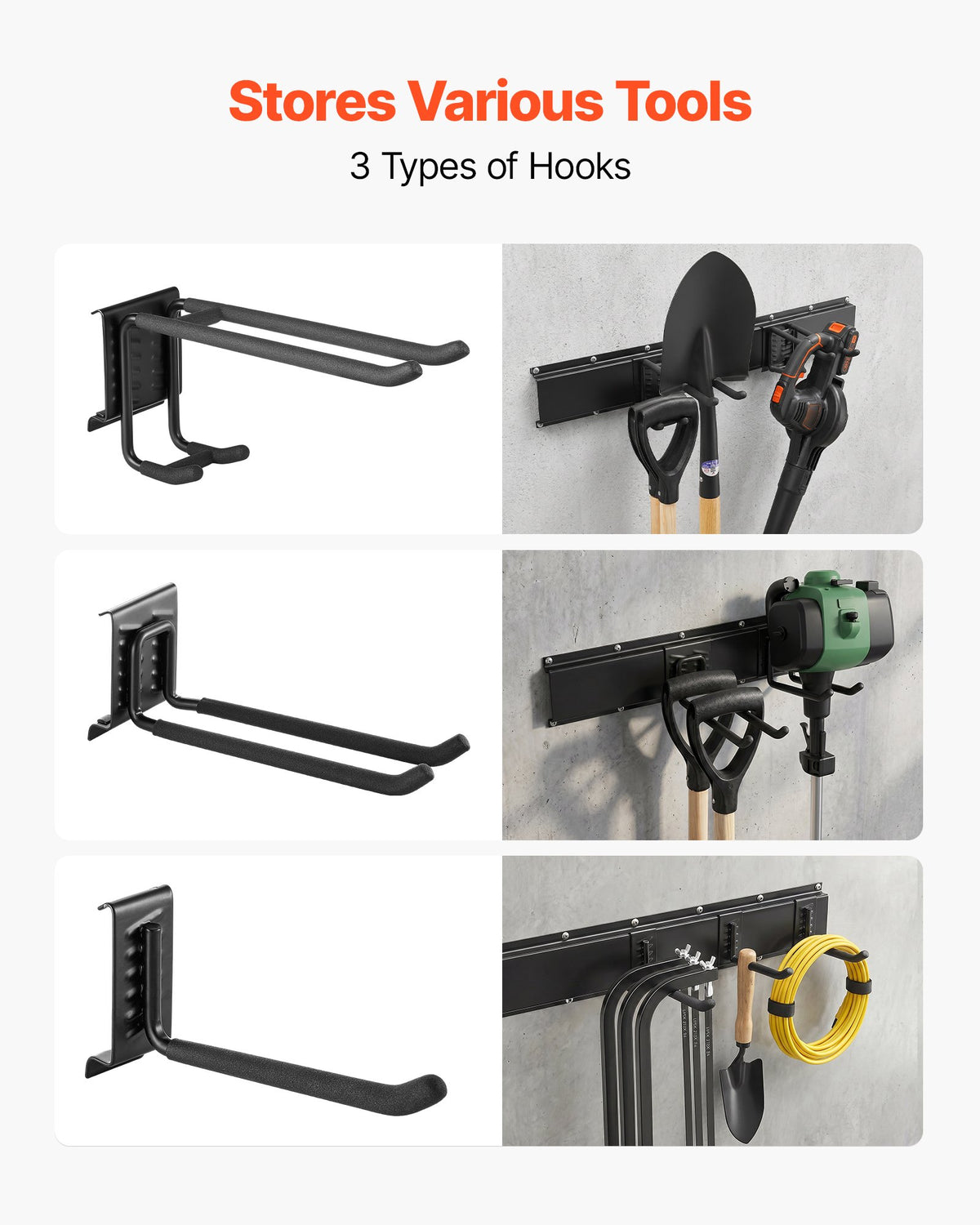 VEVOR Garage Tool Organizer 1257.3 mm 272 kg Wall Mount Garden Tool Rack, Heavy Duty Garage Hanging Storage Rack Organization with 3 Rails and 9 Adjustable Hooks, for Yard Tools, Shovel, Rake, Shed