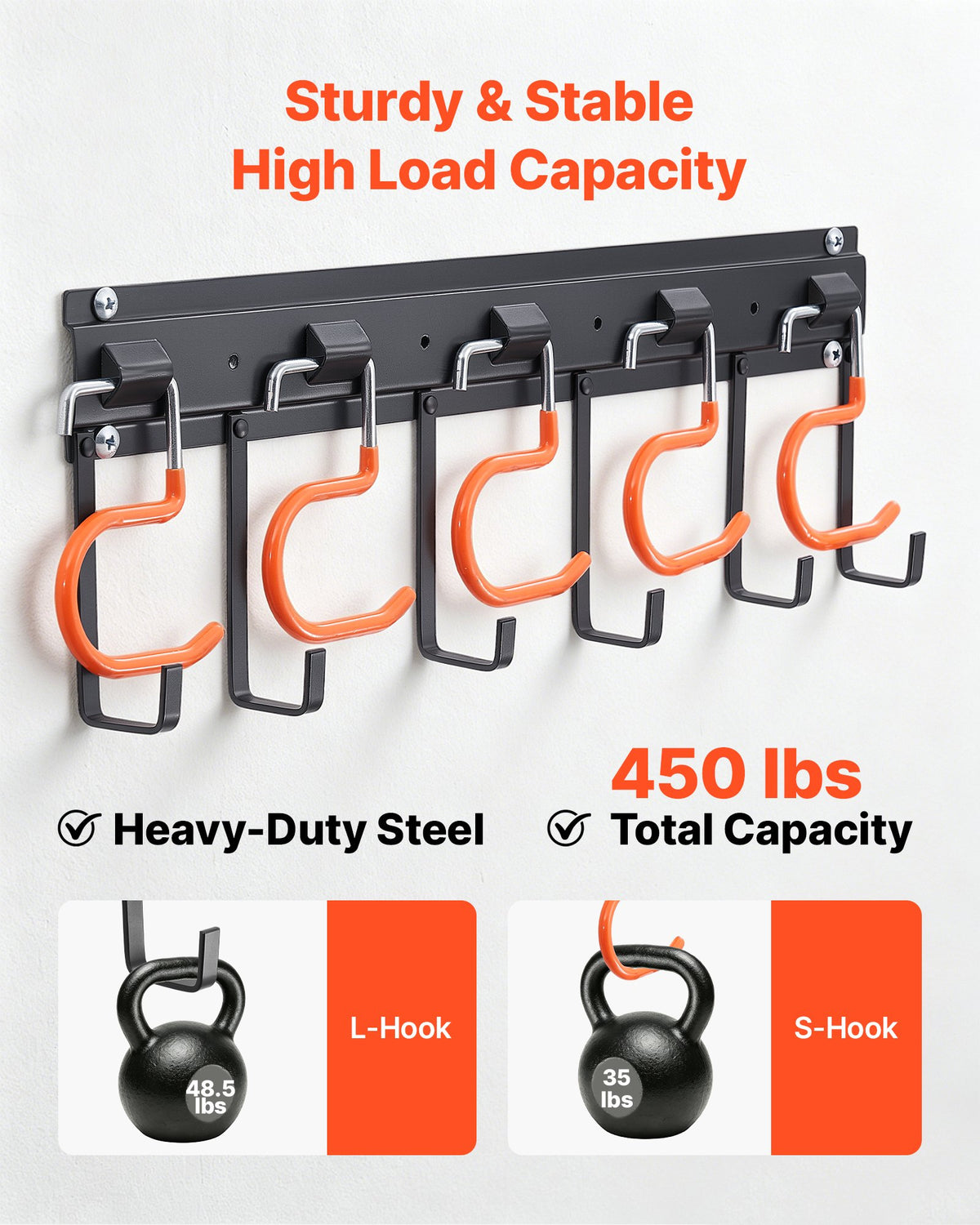 VEVOR Garage Tool Organizer 1727.2 mm 204 kg Wall Mount Garden Tool Rack, Heavy Duty Hanging Storage Organization, 4 Rails with 24 Fixed L-Hooks, 20 Adjustable S-Hooks, for Yard Tools, Shovel, Shed