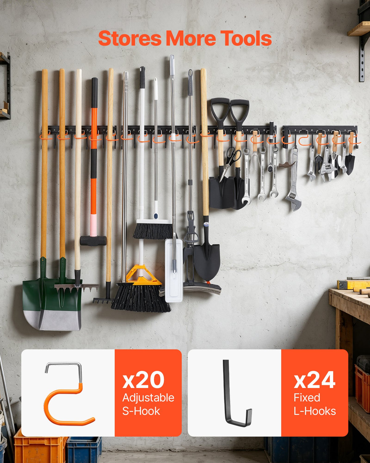 VEVOR Garage Tool Organizer 1727.2 mm 204 kg Wall Mount Garden Tool Rack, Heavy Duty Hanging Storage Organization, 4 Rails with 24 Fixed L-Hooks, 20 Adjustable S-Hooks, for Yard Tools, Shovel, Shed