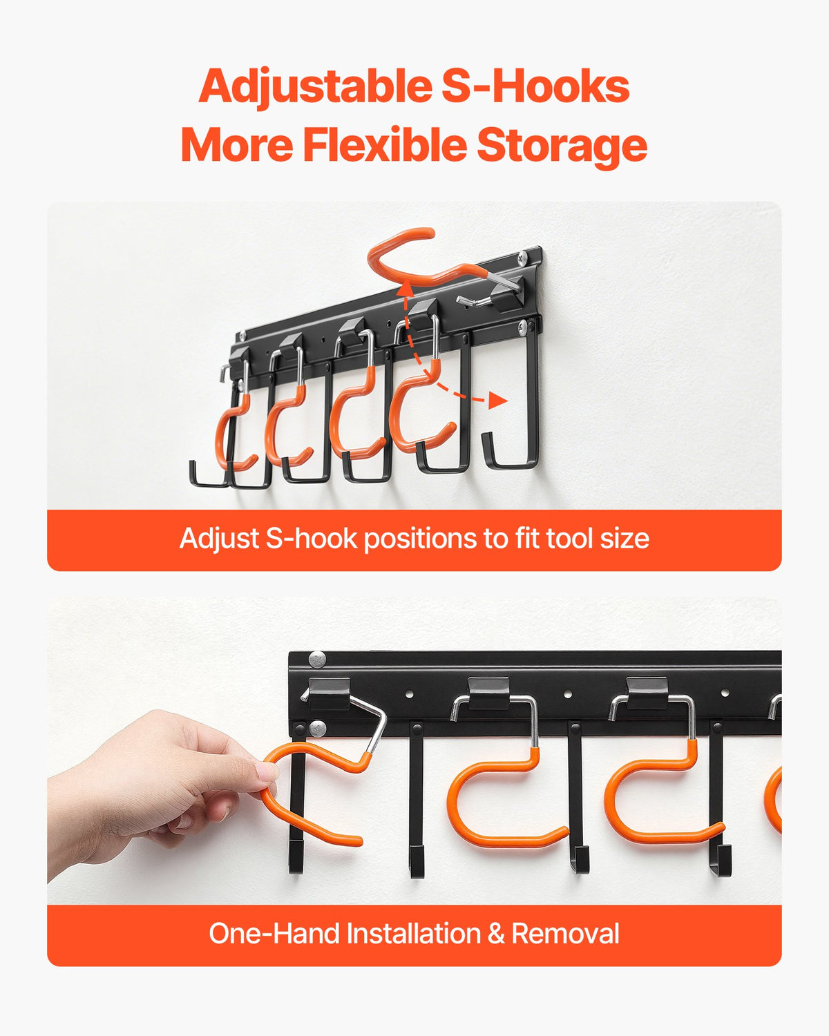 VEVOR Garage Tool Organizer 1727.2 mm 204 kg Wall Mount Garden Tool Rack, Heavy Duty Hanging Storage Organization, 4 Rails with 24 Fixed L-Hooks, 20 Adjustable S-Hooks, for Yard Tools, Shovel, Shed