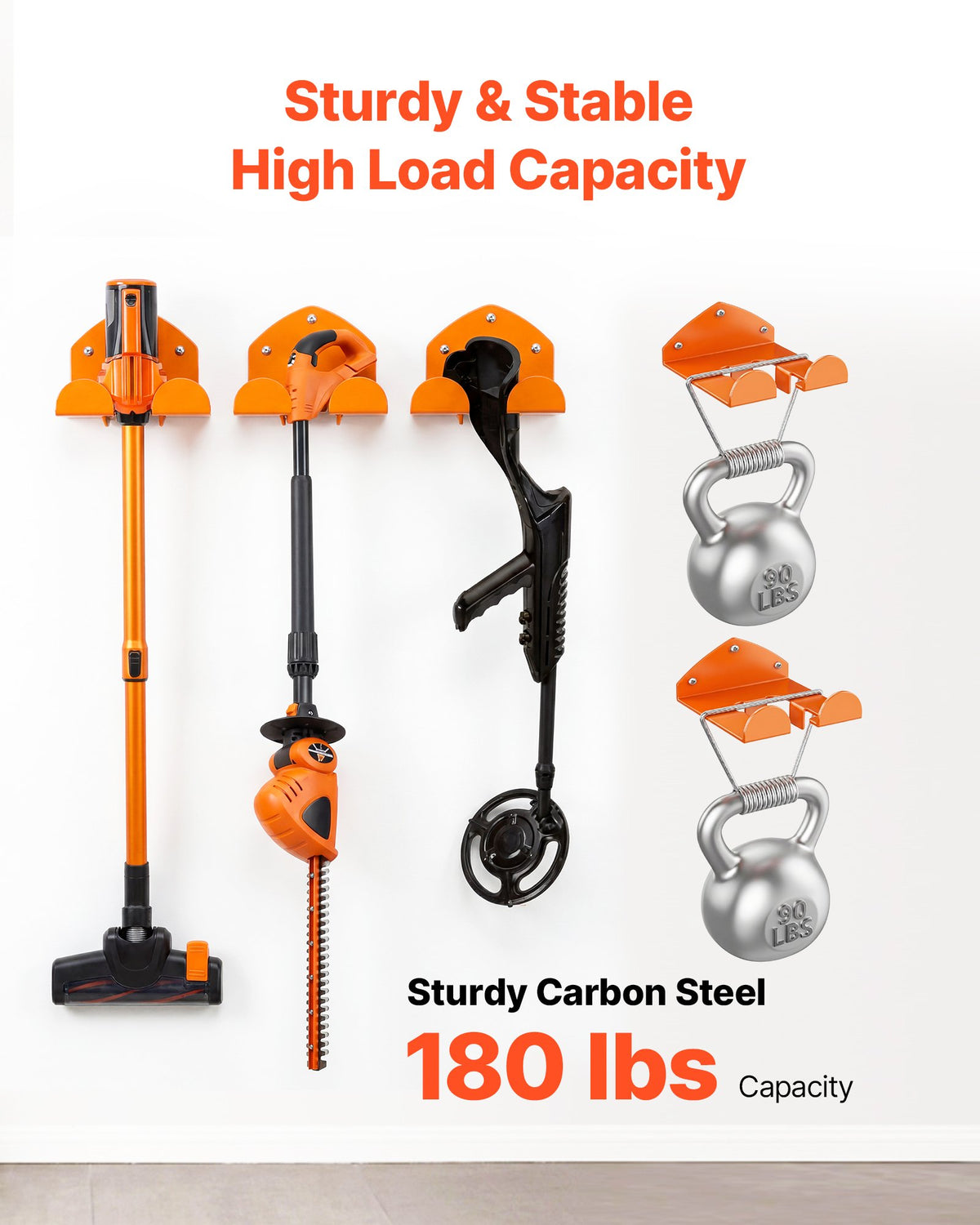 VEVOR Garage Organizer Trimmer Rack 150 mm 2 Pack 82 kg Total Capacity, Wall Mount Garden Power Tool Hanger Weed Whackers Holder for Grass/Hedge Trimmer, Leaf Blower, Chainsaw, Garden Tools, Orange