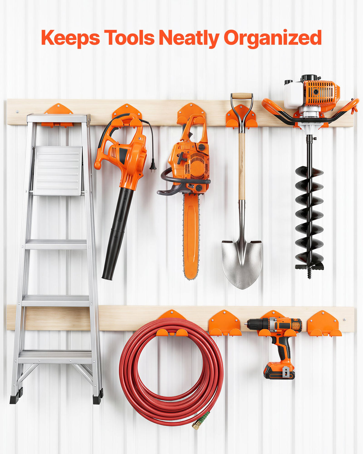 VEVOR Garage Organizer Trimmer Rack 150 mm 2 Pack 82 kg Total Capacity, Wall Mount Garden Power Tool Hanger Weed Whackers Holder for Grass/Hedge Trimmer, Leaf Blower, Chainsaw, Garden Tools, Orange