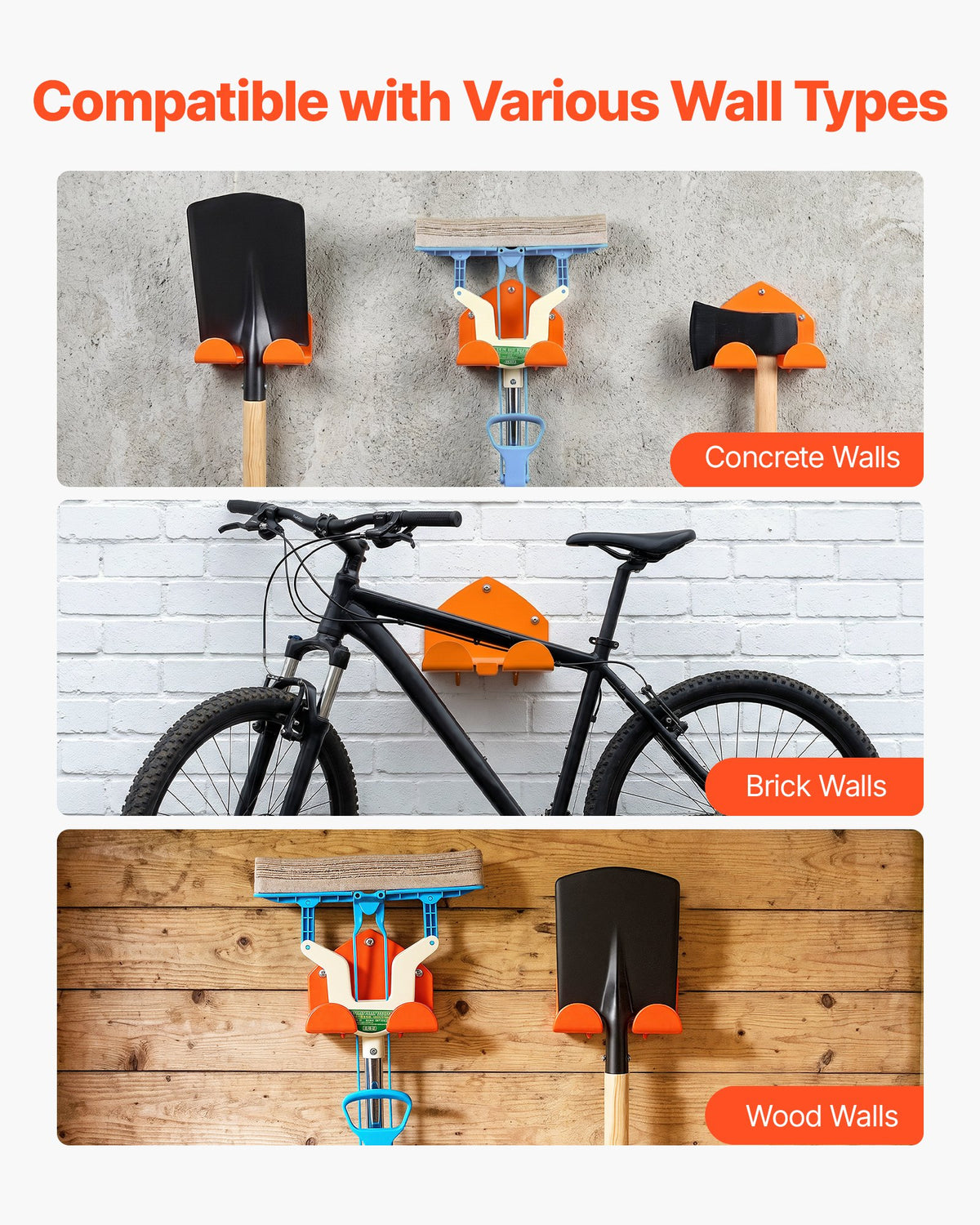 VEVOR Garage Organizer Trimmer Rack 150 mm 2 Pack 82 kg Total Capacity, Wall Mount Garden Power Tool Hanger Weed Whackers Holder for Grass/Hedge Trimmer, Leaf Blower, Chainsaw, Garden Tools, Orange