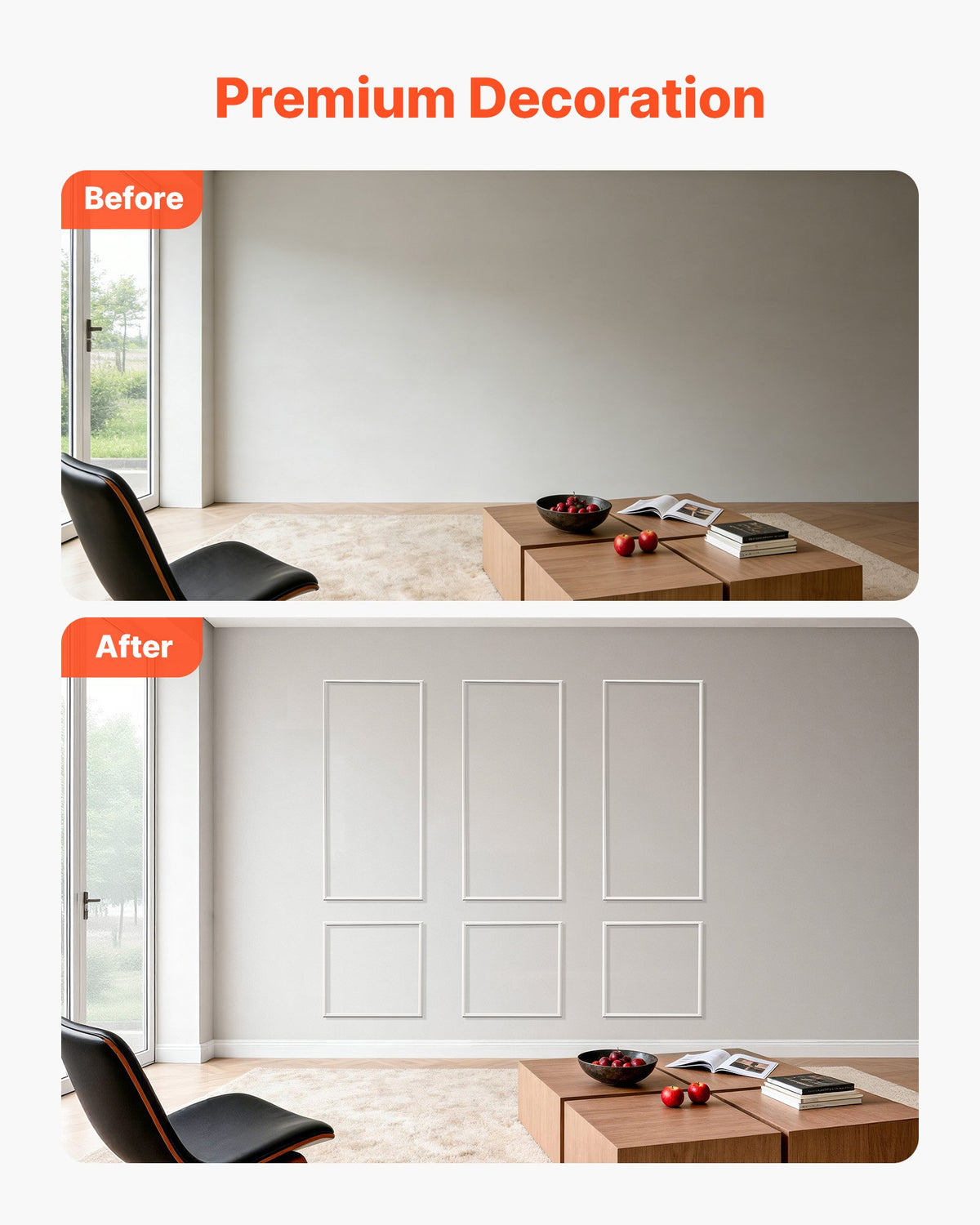 VEVOR Wall Molding 3 Pack, Wainscoting Panels Kit, Lightweight Paintable Polystyrene, Easy to Install, Waterproof Accent Wall Trim for Interior Décor Living Room, Bedroom, White (61x137 + 61x61 cm)
