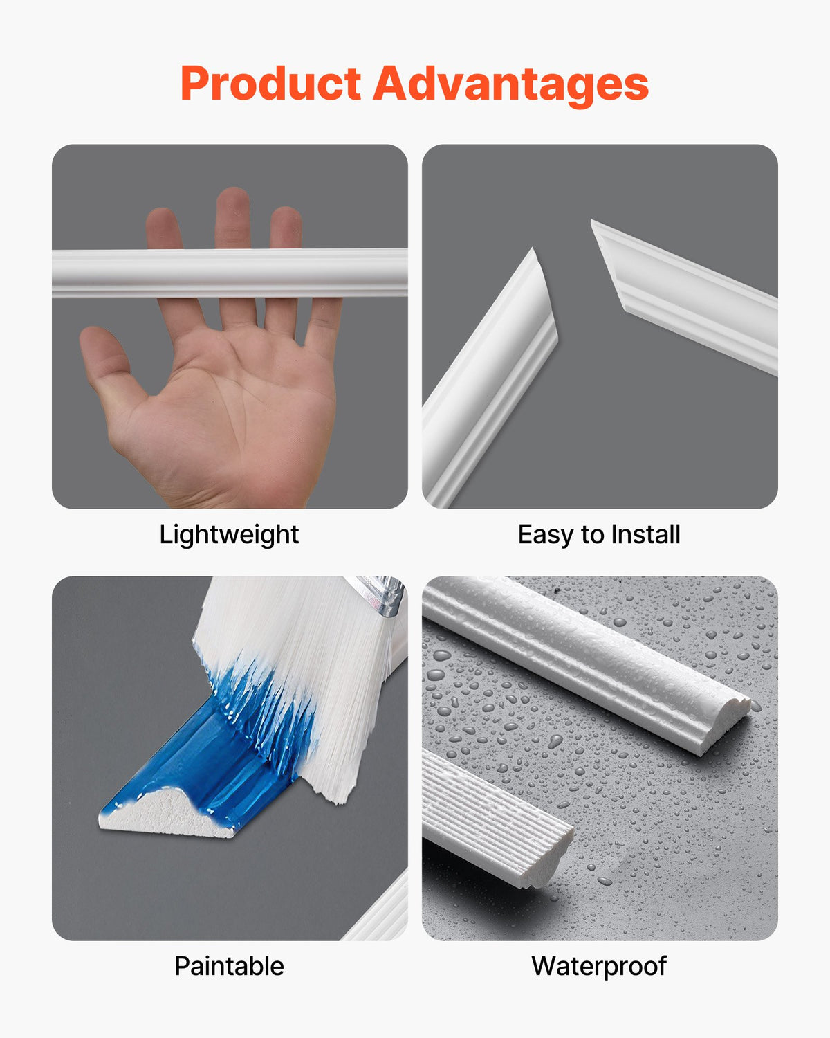 VEVOR Wall Molding 3 Pack, Wainscoting Panels Kit, Lightweight Paintable Polystyrene, Easy to Install, Waterproof Accent Wall Trim for Interior Décor Living Room, Bedroom, White (61x137 + 61x61 cm)