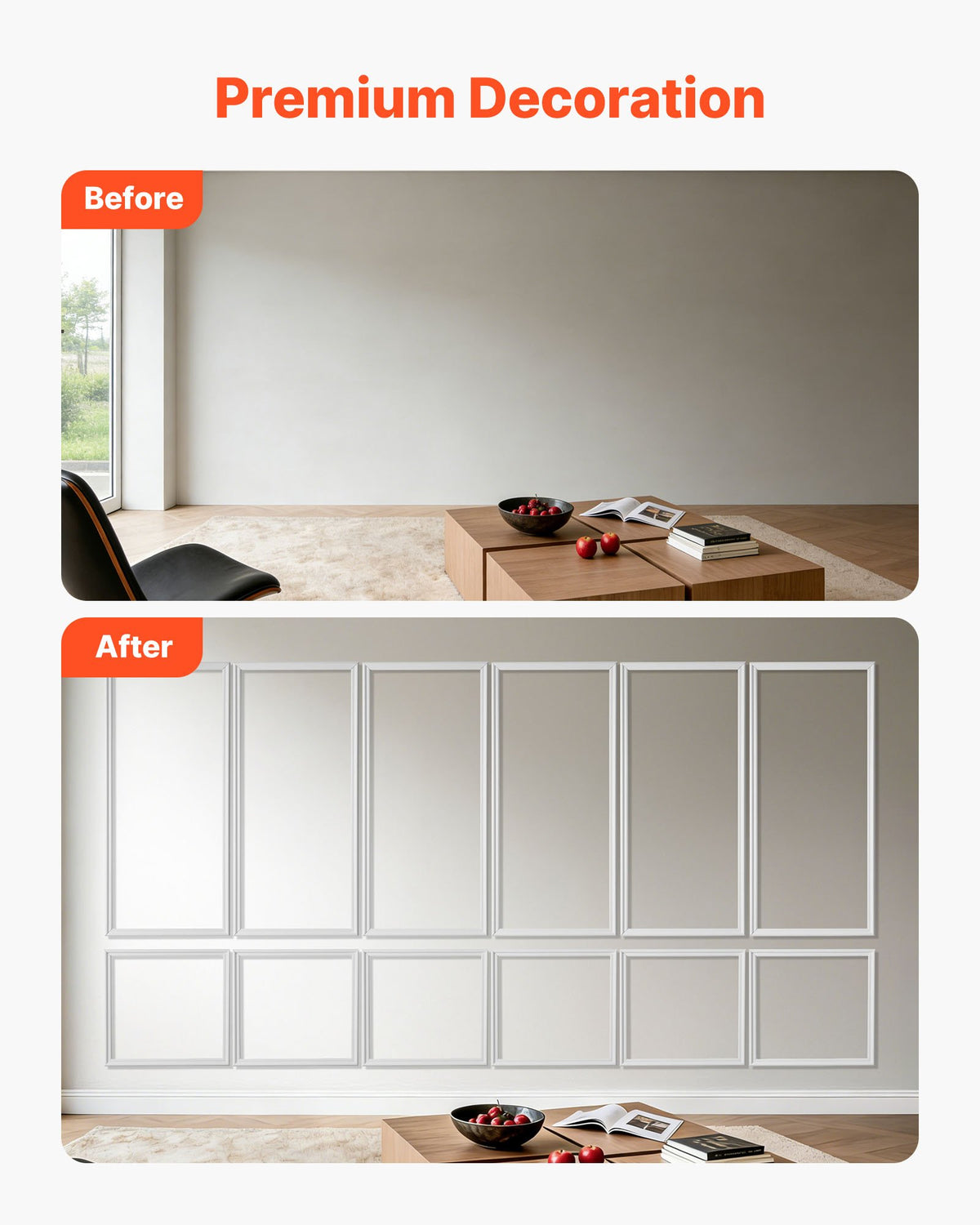 VEVOR Wall Molding 6 Pack, Wainscoting Panels Kit, Lightweight Paintable Polystyrene, Easy to Install, Waterproof Accent Wall Trim for Interior Décor Living Room, Bedroom, White (61x137 + 61x61 cm)