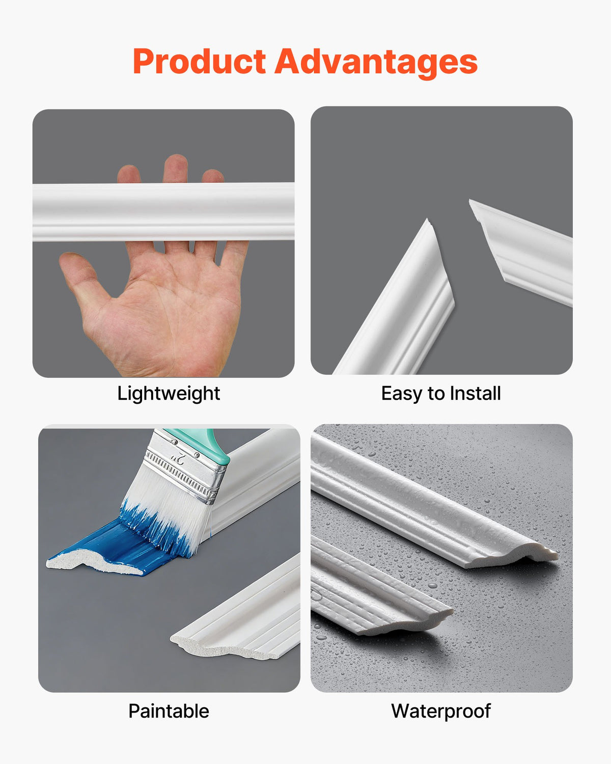 VEVOR Wall Molding 6 Pack, Wainscoting Panels Kit, Lightweight Paintable Polystyrene, Easy to Install, Waterproof Accent Wall Trim for Interior Décor Living Room, Bedroom, White (61x137 + 61x61 cm)