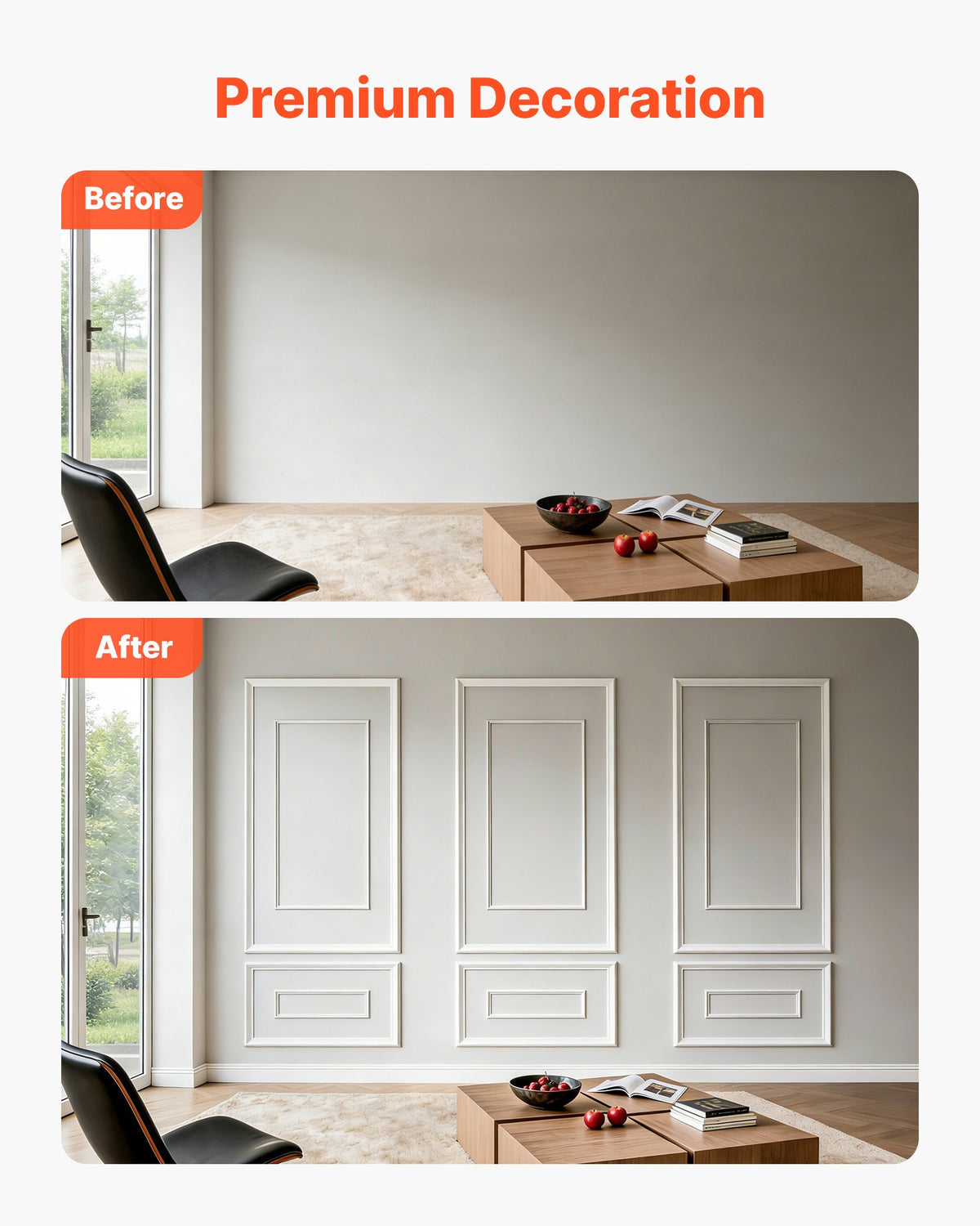 VEVOR Wall Molding 3 Pack, Wainscoting Panels Kit with Dual-Line Wide & Narrow Profile, Lightweight Paintable Polystyrene, Easy to Install Accent Wall Trim for Interior Living Room, Bedroom,White