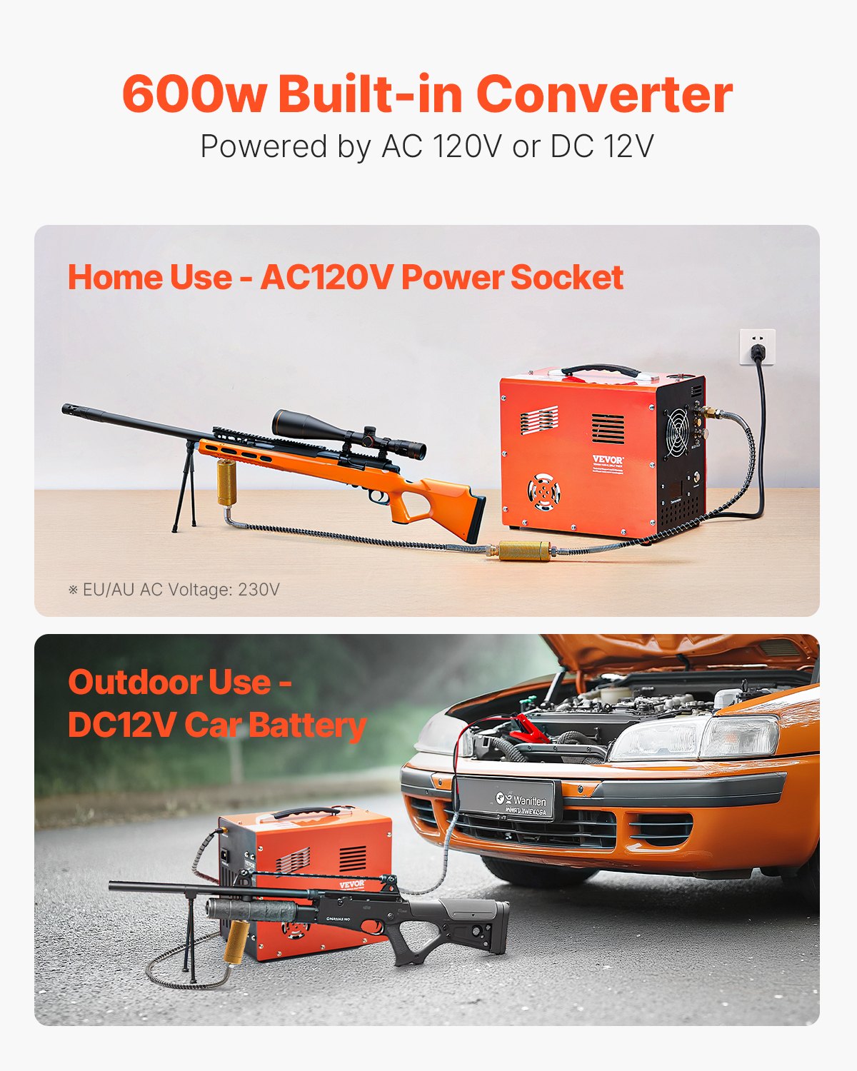 VEVOR PCP Air Compressor, 4500PSI/30Mpa Portable PCP Airgun Compressor with Built-in Converter & Fan Cooling System, DC12V/AC230V Manual-Stop Air Rifle, Paintball and Scuba Tank Compressor Pump