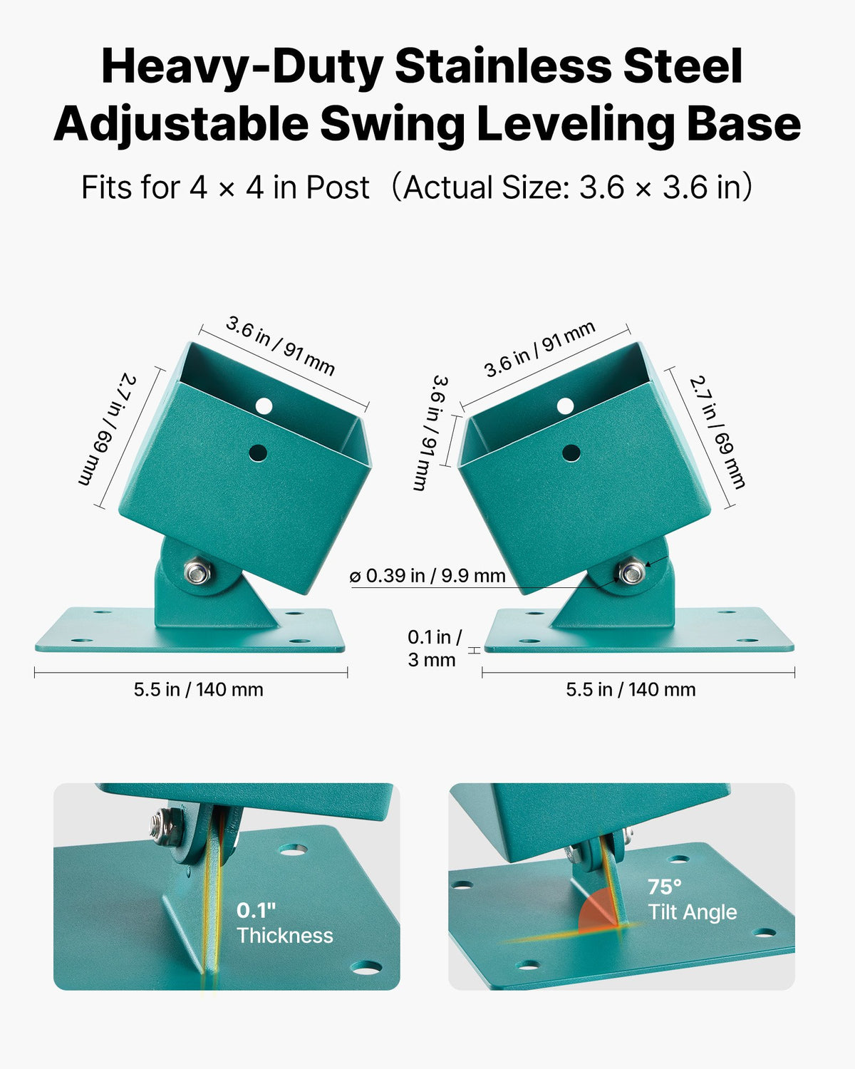 VEVOR Swing Set Brackets, 4 Pack Heavy Duty Swing Set Leveling Hardware, Fits 101.6 x 101.6 mm Post (Actual Size 91 x 91 mm), 45°-60° Angle Range, Stainless Steel Anchor Level Kit on Uneven Ground