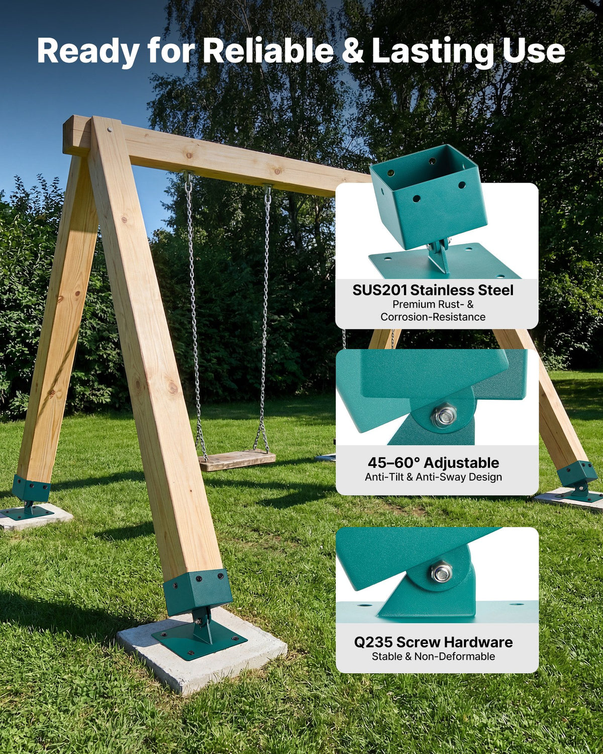 VEVOR Swing Set Brackets, 4 Pack Heavy Duty Swing Set Leveling Hardware, Fits 101.6 x 101.6 mm Post (Actual Size 91 x 91 mm), 45°-60° Angle Range, Stainless Steel Anchor Level Kit on Uneven Ground