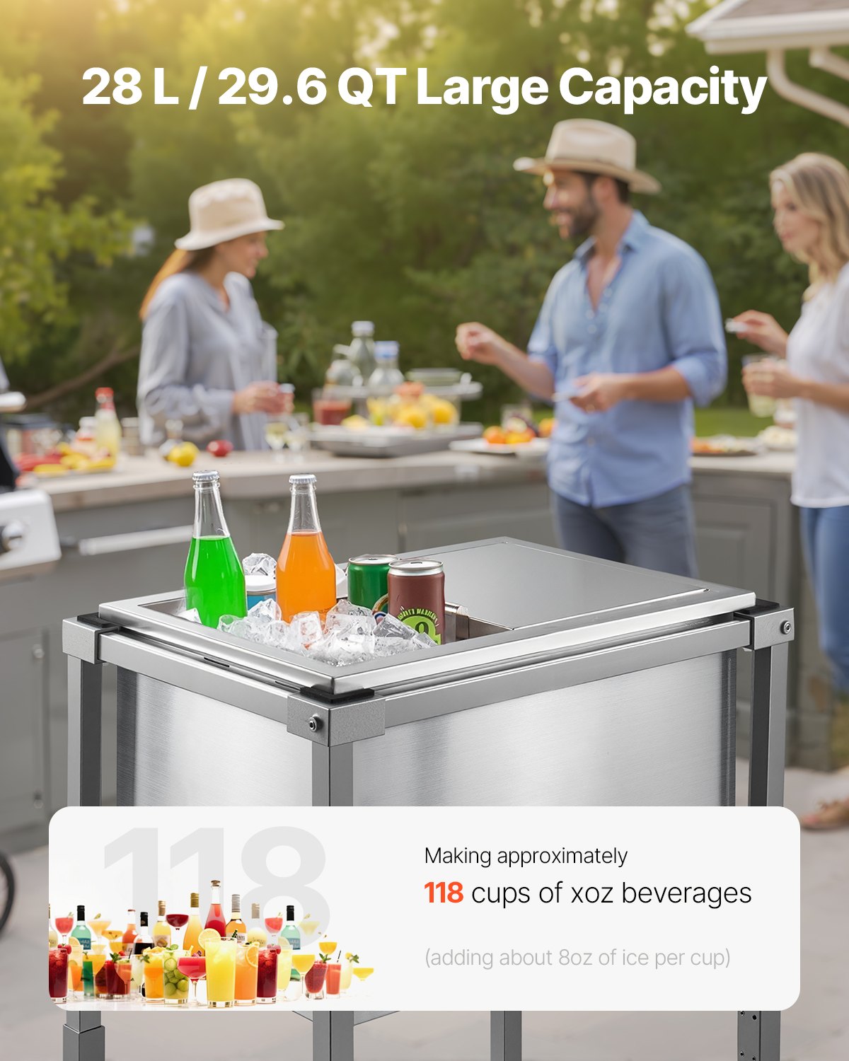 VEVOR Rolling Ice Chest Cooler Cart, 20"L x 14"W x 38"H (510 x 360 x 970 mm) Stainless Steel Cooling Bin on Wheels, 28L Outdoor Stand Up Cooler Trolley with Shelf, for Patio Backyard Party Bar