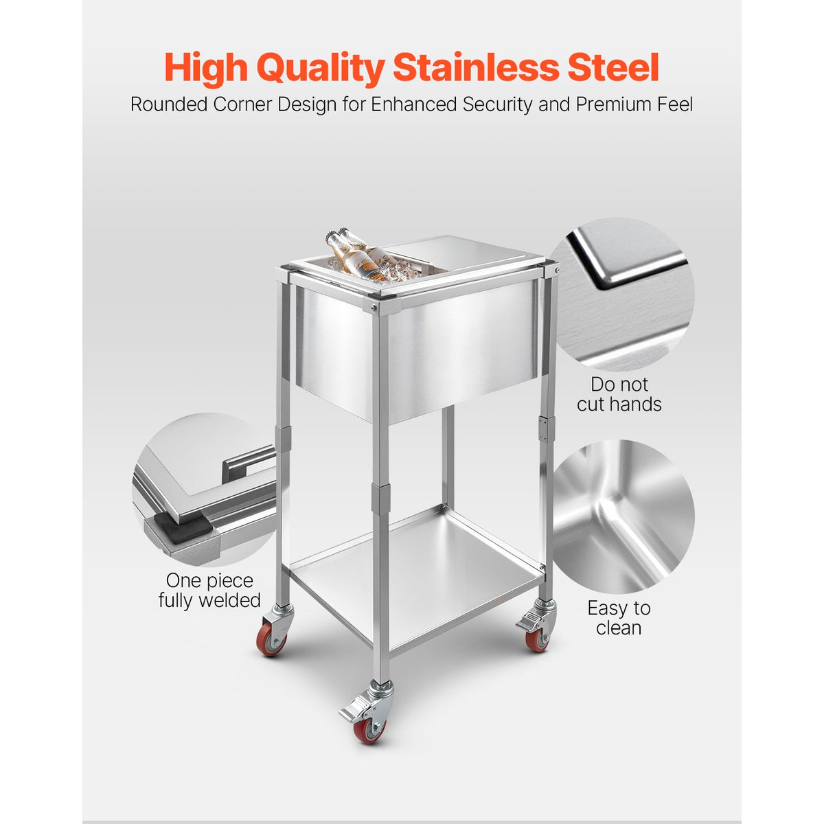 VEVOR Rolling Ice Chest Cooler Cart, 20"L x 14"W x 38"H (510 x 360 x 970 mm) Stainless Steel Cooling Bin on Wheels, 28L Outdoor Stand Up Cooler Trolley with Shelf, for Patio Backyard Party Bar