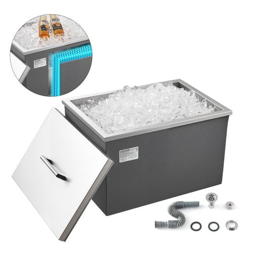 VEVOR Drop in Ice Chest, 20"L x 14"W x 12"H (508 x 355 x 306 mm) Stainless Steel Drop in Cooler, 30L Commercial Ice Bin with Pot Lid for Outdoor, Drain-pipe Set Included, for Cold Wine Beer