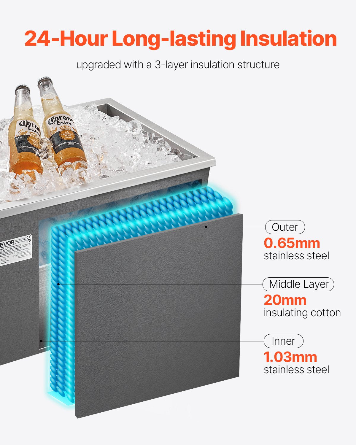 VEVOR Drop in Ice Chest, 20"L x 14"W x 12"H (508 x 355 x 306 mm) Stainless Steel Drop in Cooler, 30L Commercial Ice Bin with Pot Lid for Outdoor, Drain-pipe Set Included, for Cold Wine Beer