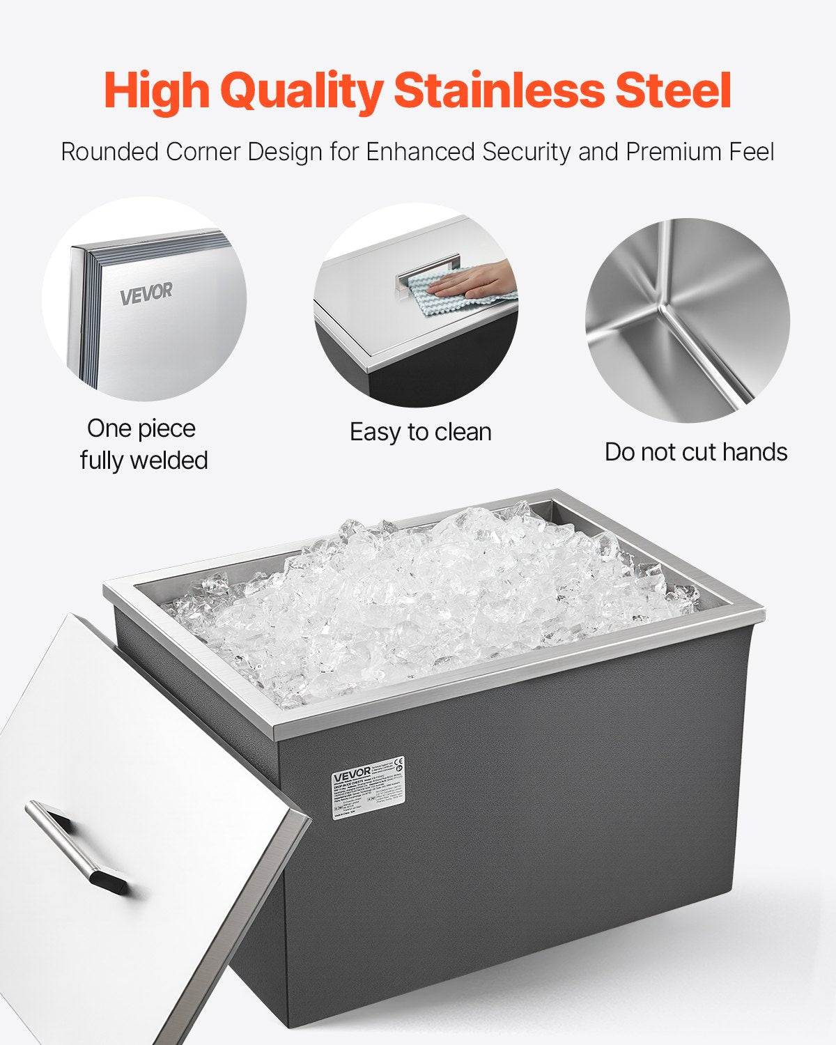 VEVOR Drop in Ice Chest, 20"L x 14"W x 12"H (508 x 355 x 306 mm) Stainless Steel Drop in Cooler, 30L Commercial Ice Bin with Pot Lid for Outdoor, Drain-pipe Set Included, for Cold Wine Beer