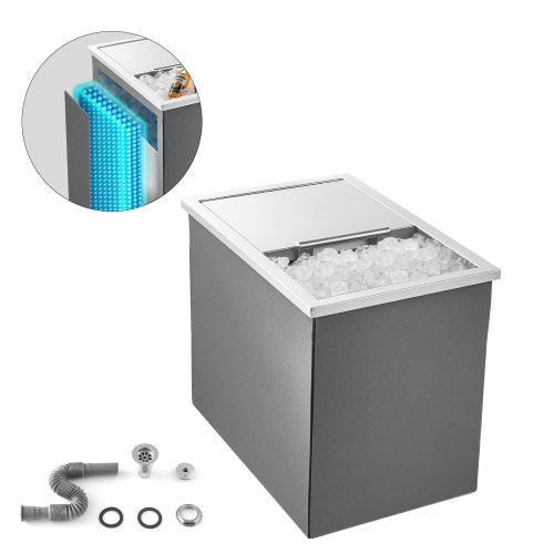 VEVOR Drop in Ice Chest, 18"L x 12"W x 15"H (455 x 305 x 385 mm) Stainless Steel Drop in Cooler, 27.1L Commercial Ice Bin with Sliding Lid for Outdoor, Drain-pipe Set Included, for Cold Wine Beer