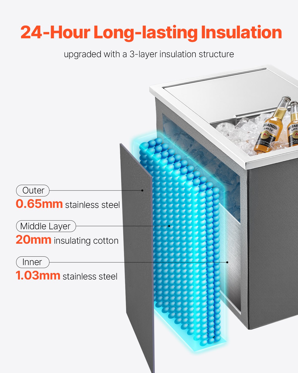 VEVOR Drop in Ice Chest, 18"L x 12"W x 15"H (455 x 305 x 385 mm) Stainless Steel Drop in Cooler, 27.1L Commercial Ice Bin with Sliding Lid for Outdoor, Drain-pipe Set Included, for Cold Wine Beer