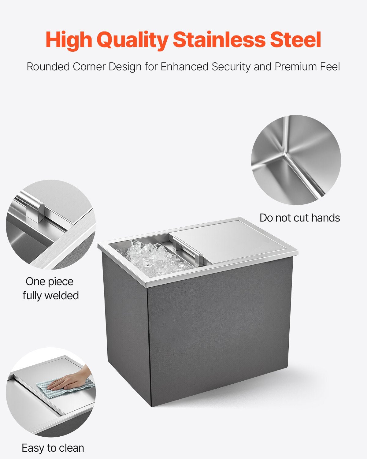 VEVOR Drop in Ice Chest, 18"L x 12"W x 15"H (455 x 305 x 385 mm) Stainless Steel Drop in Cooler, 27.1L Commercial Ice Bin with Sliding Lid for Outdoor, Drain-pipe Set Included, for Cold Wine Beer