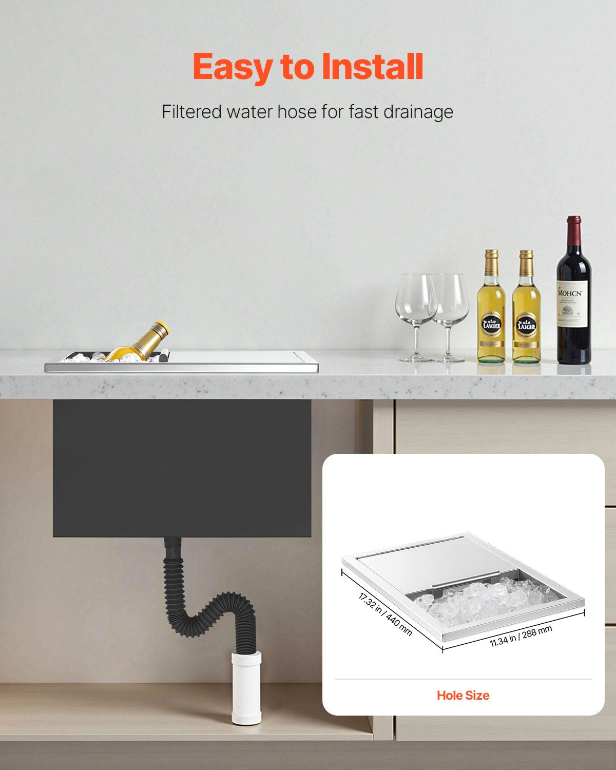 VEVOR Drop in Ice Chest, 18"L x 12"W x 15"H (455 x 305 x 385 mm) Stainless Steel Drop in Cooler, 27.1L Commercial Ice Bin with Sliding Lid for Outdoor, Drain-pipe Set Included, for Cold Wine Beer