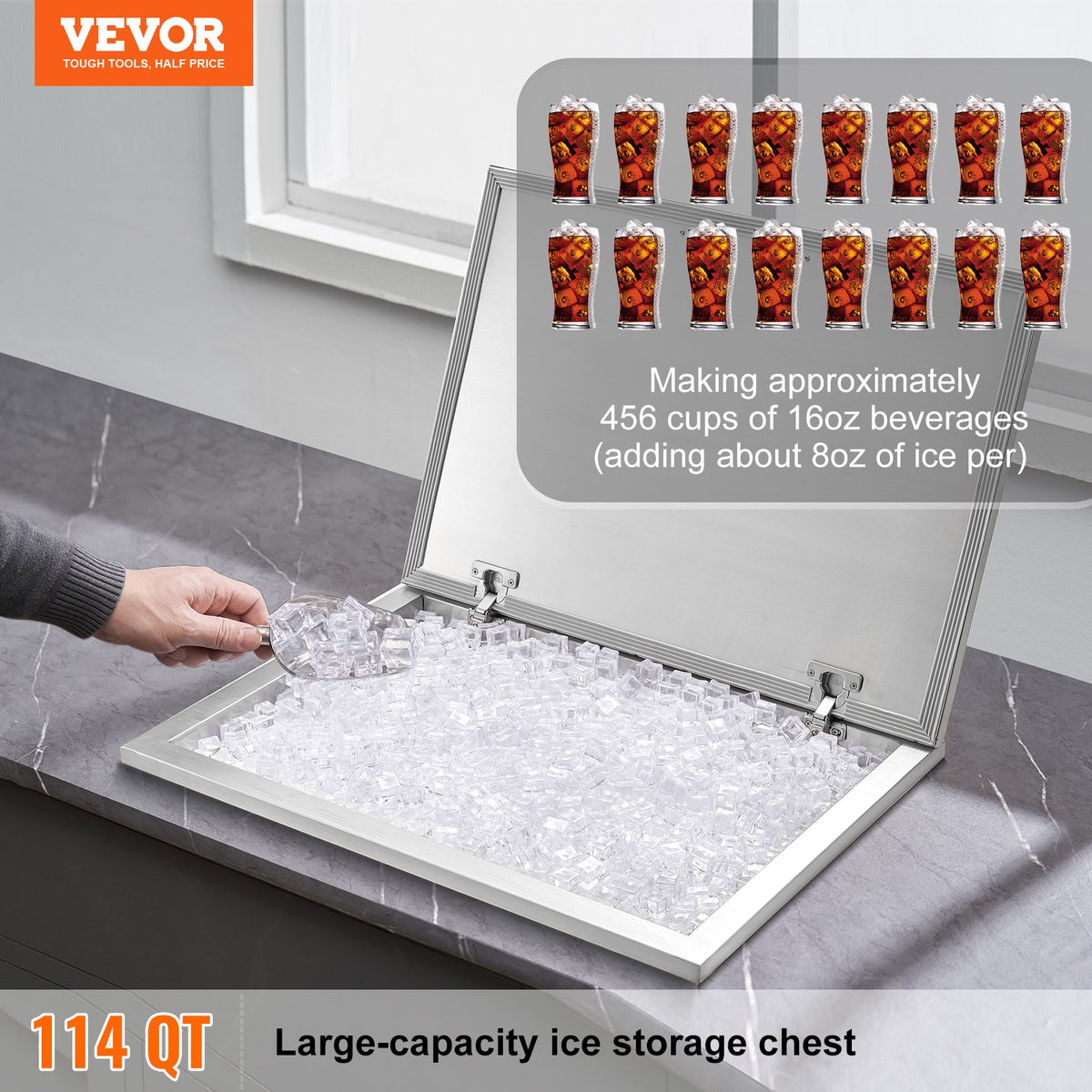 VEVOR Drop in Ice Chest, 28"L x 20"W x 17"H Stainless Steel Ice Cooler, Commercial Ice Bin with Hinged Cover, 40 qt Outdoor Kitchen Ice Bar, Drain-pipe and Drain Plug Included, for Cold Wine Beer