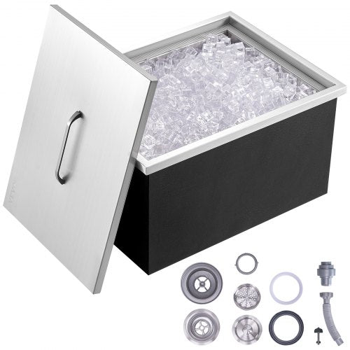 VEVOR Drop in Ice Chest, 51 cm L x 36 cm W x 30.5 cm H Stainless Steel Ice Cooler, Commercial Ice Bin with Cover, 37.9 L Outdoor Kitchen Ice Bar, Drain-pipe and Drain Plug Included, for Cold Wine Beer