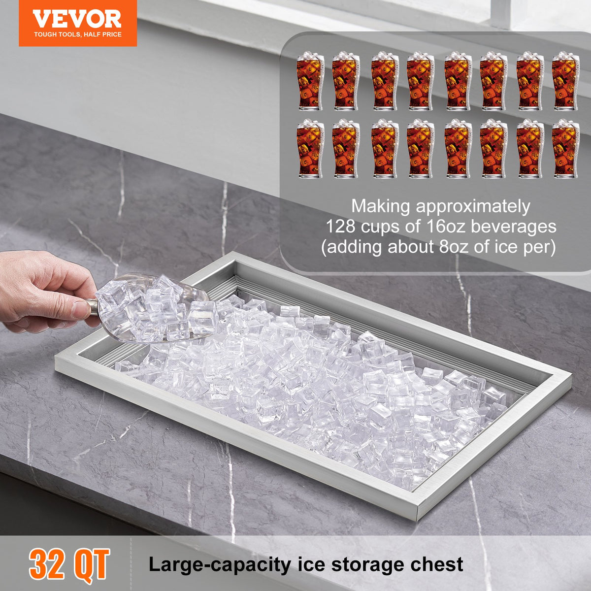 VEVOR Drop in Ice Chest, 51 cm L x 36 cm W x 30.5 cm H Stainless Steel Ice Cooler, Commercial Ice Bin with Cover, 37.9 L Outdoor Kitchen Ice Bar, Drain-pipe and Drain Plug Included, for Cold Wine Beer