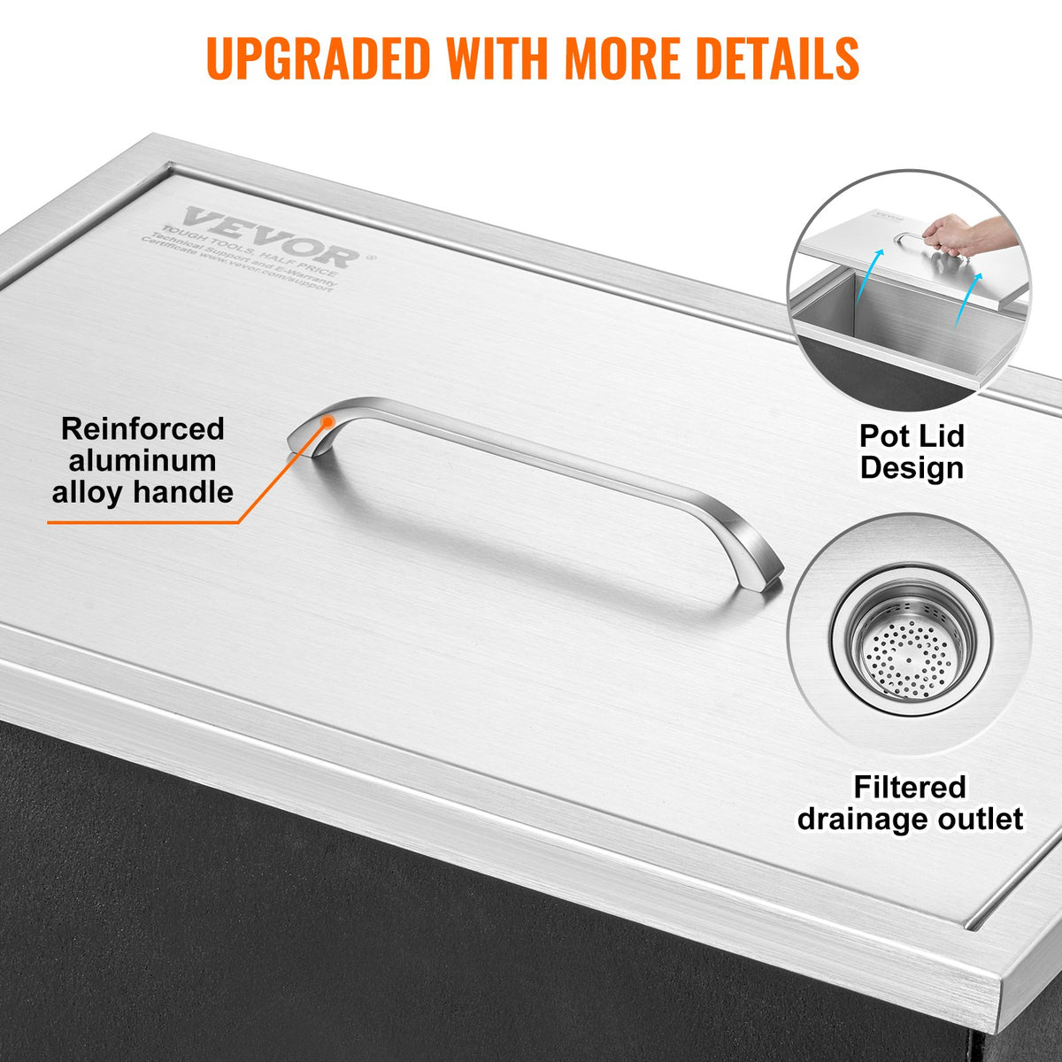 VEVOR Drop in Ice Chest, 51 cm L x 36 cm W x 30.5 cm H Stainless Steel Ice Cooler, Commercial Ice Bin with Cover, 37.9 L Outdoor Kitchen Ice Bar, Drain-pipe and Drain Plug Included, for Cold Wine Beer
