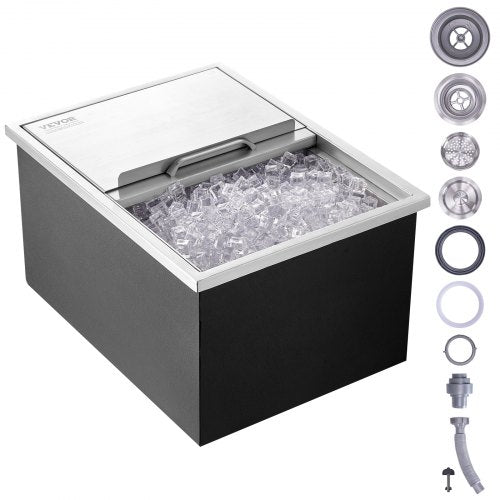 VEVOR Drop in Ice Chest, 61 cm L x 46 cm W x 33 cm H Stainless Steel Ice Cooler, Commercial Ice Bin with Sliding Cover, 38.7 L Outdoor Kitchen Ice Bar, Drain-pipe and Drain Plug Included, for Cold Wine Beer