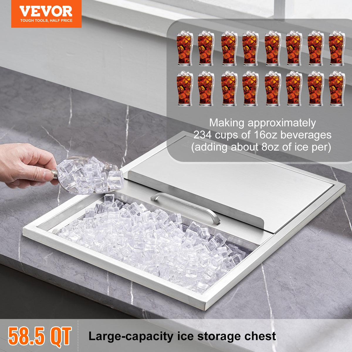 VEVOR Drop in Ice Chest, 61 cm L x 46 cm W x 33 cm H Stainless Steel Ice Cooler, Commercial Ice Bin with Sliding Cover, 38.7 L Outdoor Kitchen Ice Bar, Drain-pipe and Drain Plug Included, for Cold Wine Beer