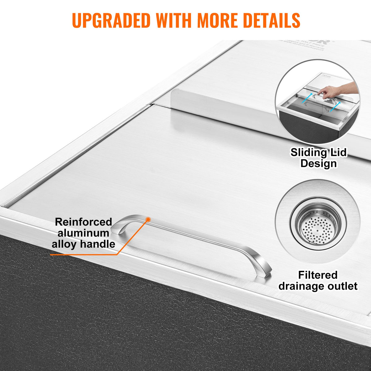 VEVOR Drop in Ice Chest, 61 cm L x 46 cm W x 33 cm H Stainless Steel Ice Cooler, Commercial Ice Bin with Sliding Cover, 38.7 L Outdoor Kitchen Ice Bar, Drain-pipe and Drain Plug Included, for Cold Wine Beer