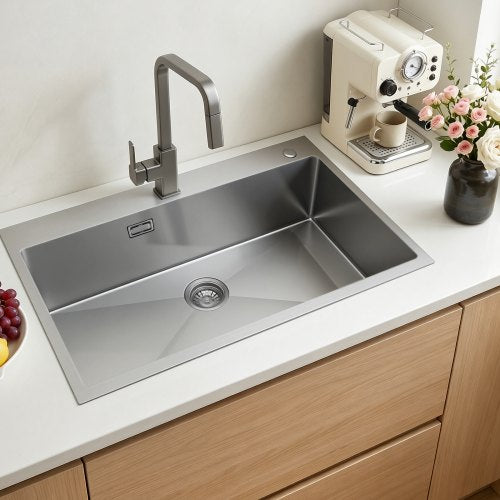 VEVOR 85cm Kitchen Top Mount Single Bowl Sinks, Stainless Steel Drop-In Farmhouse Basin with Accessories, Household Dishwasher Sinks for RV, Prep Kitchen, Laundry Room, Bar