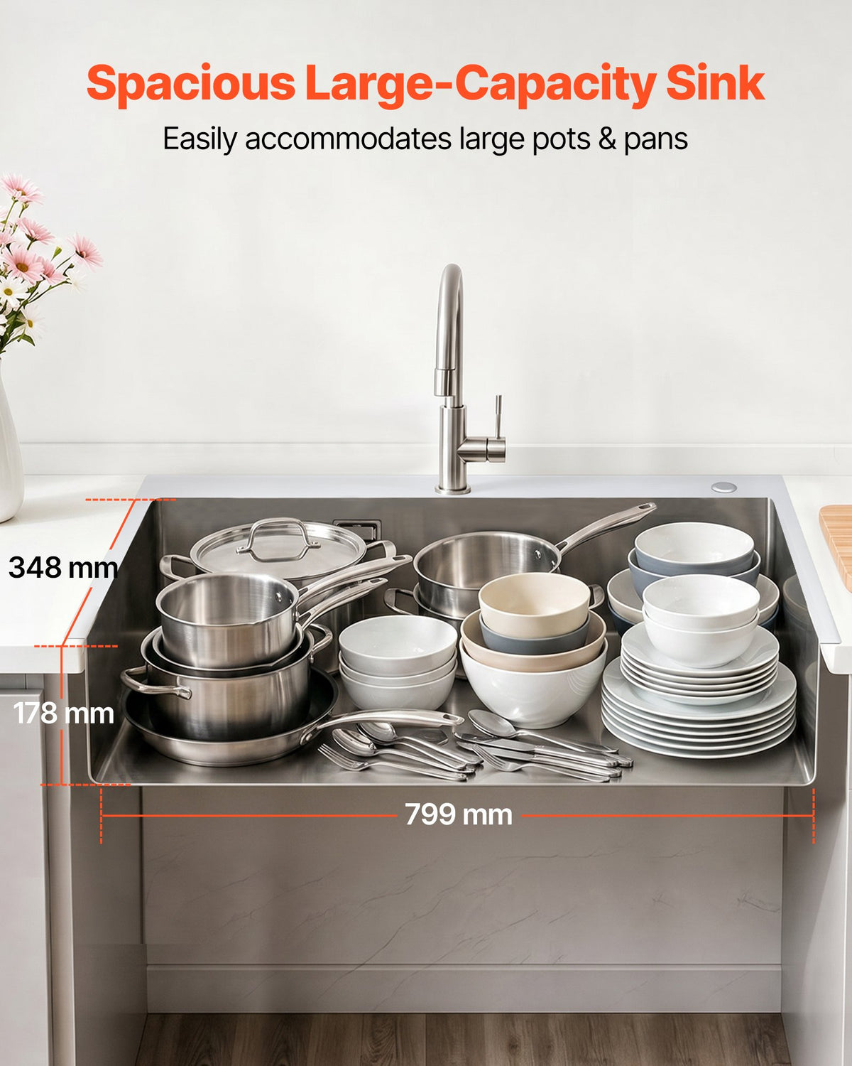 VEVOR 85cm Kitchen Top Mount Single Bowl Sinks, Stainless Steel Drop-In Farmhouse Basin with Accessories, Household Dishwasher Sinks for RV, Prep Kitchen, Laundry Room, Bar